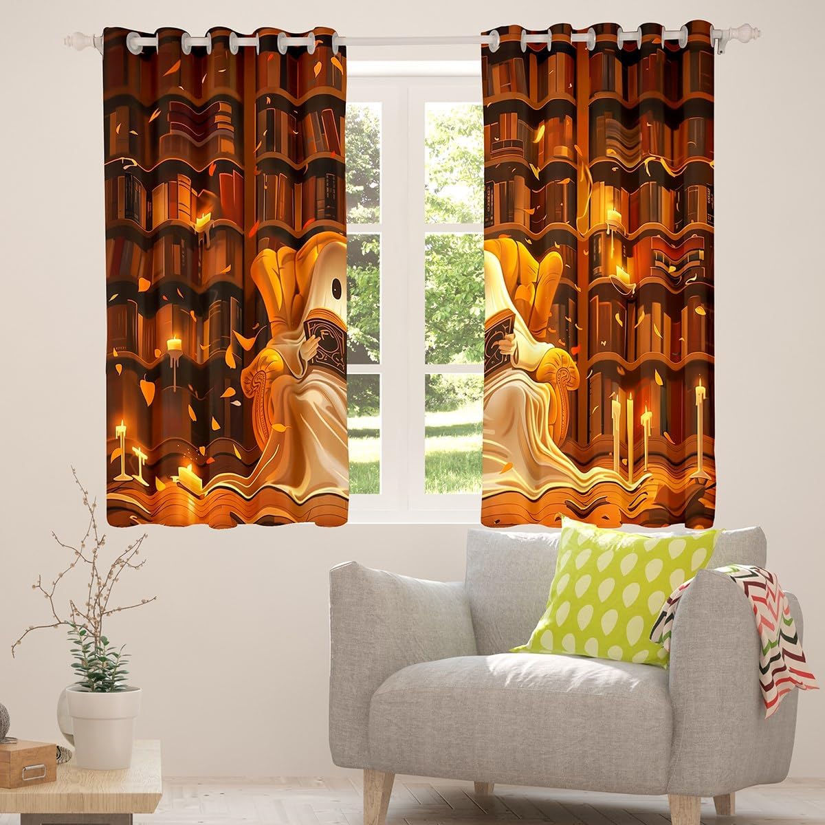 Cartoon Ghost Kids Blackout Curtains,Magical Book Bookshelf Happy Halloween Trippy Window Drapes for Girls Boys,Gothic Western Holiday Retro Window Treatments Grommet Top 2 Panel Set,38Wx45L inch