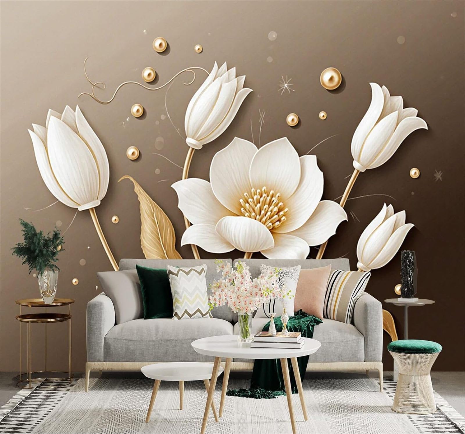 XLMING Minimalist Elegant White Lotus Golden Leaves Art 3D Wallpaper Premium Textured Silk Study Dining Living Room Bedroom Sofa TV Wall Easy Install-400cm×280cm