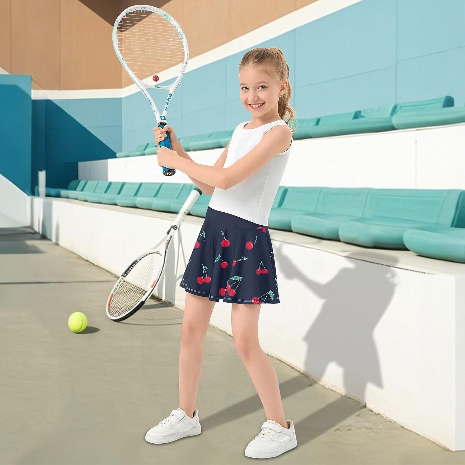visesunny Chalk Cherry Blue Girl's Golf Skirt Athletic Tennis Skort Sport Activewear with Double Layer Pockets