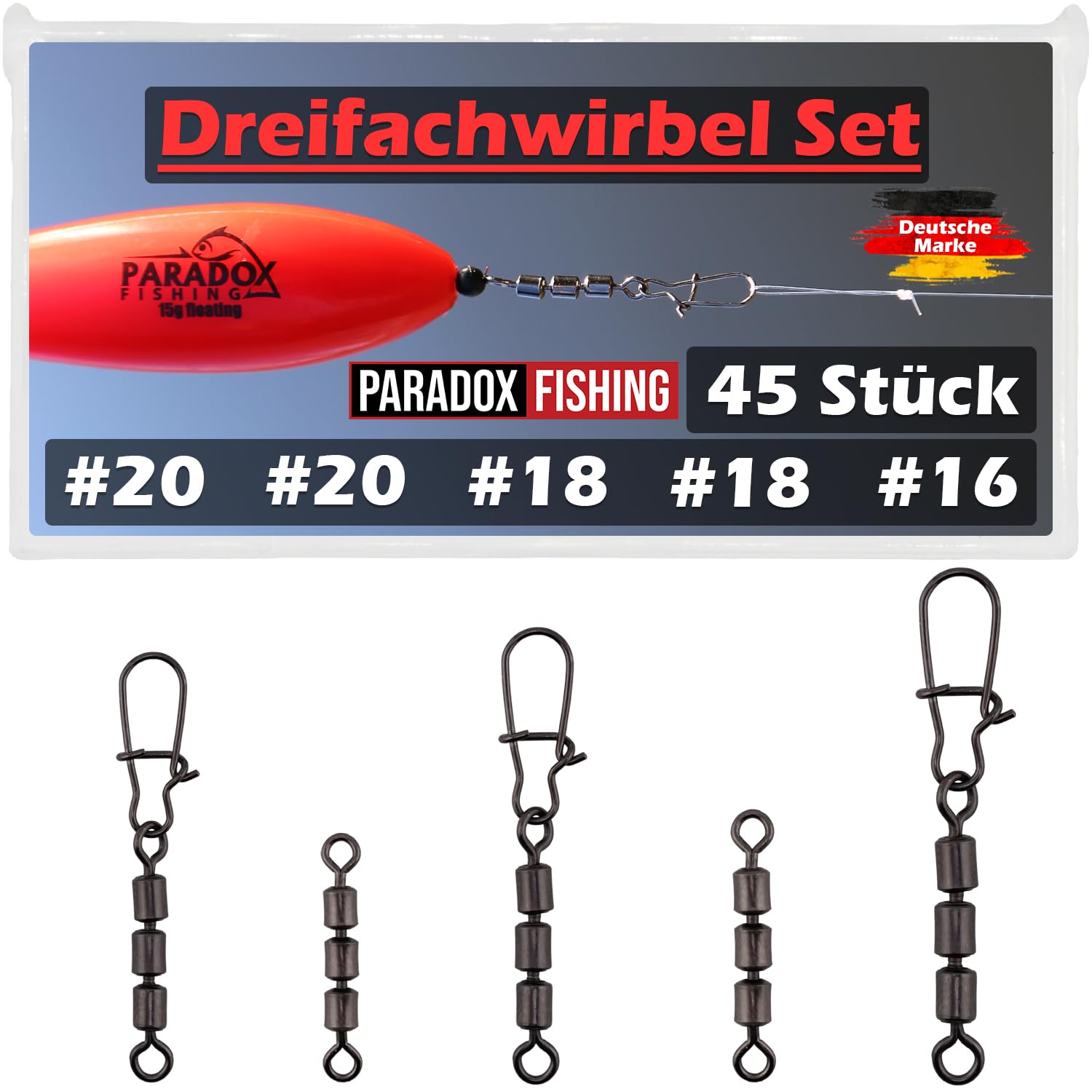 Paradox Fishing Dreifachwirbel Angeln Set #20-#16 45 Stück I Wirbel zum Angeln auf Forellen Angel-Zubehör Set Wirbelsortiment Forellen Spoons