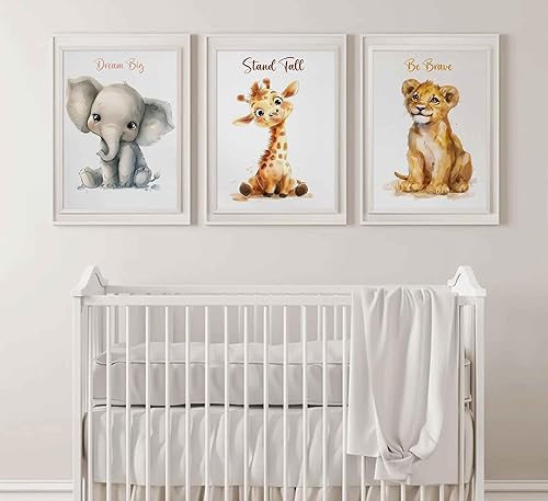 Miniatura 5 de 3 piezas de lienzo de safari para guardería, arte de pared para niños, lindo animal inspirador, león, jirafa, elefante, pintura, imagen, decoración