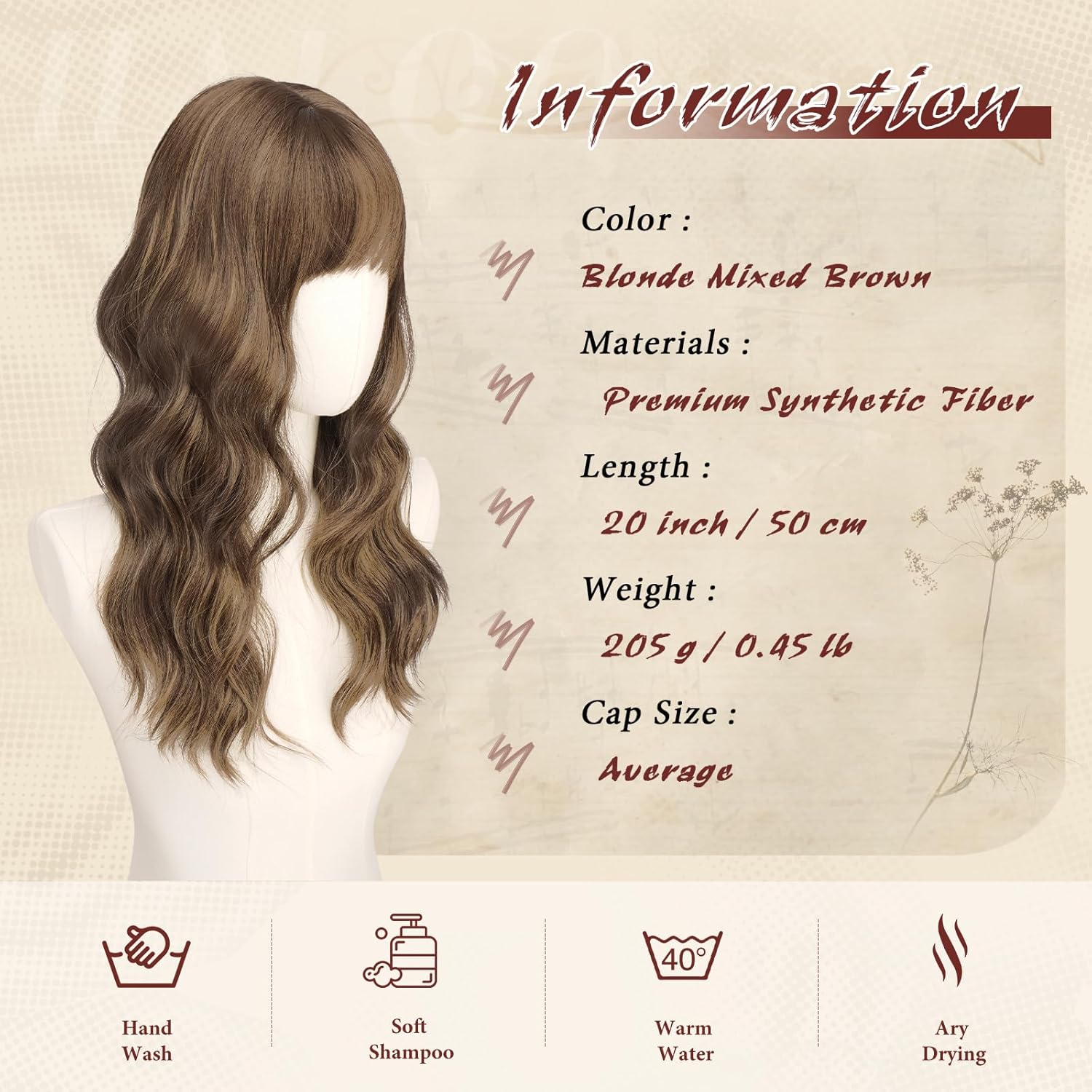Haloo Brown Wigs with Bangs - 20 Inch Long Soft Wavy Natural Looking Synthetic Heat Resistant Hair Wig for Women Daily Party, Blonde Mixed Brown