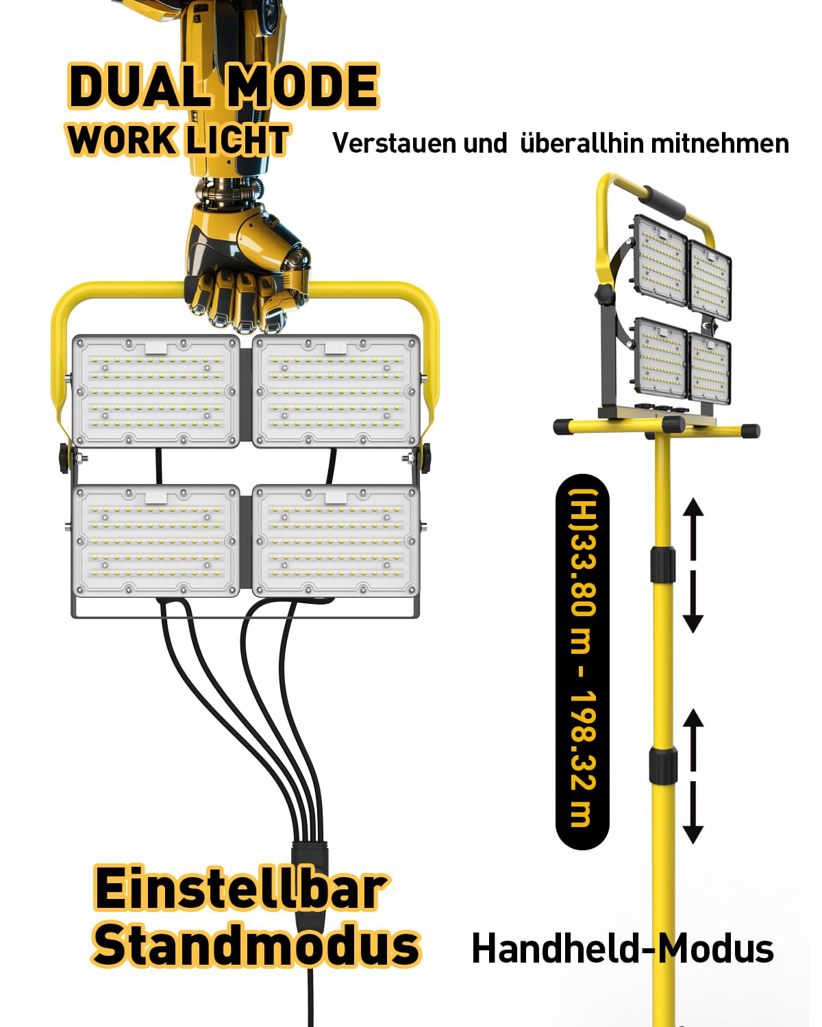 26000LM LED-Arbeitsleuchte mit Ständer, tragbare Arbeitsleuchte mit 4 Köpfen und 5,0 m langem Kabel – IP66 wasserdichte Flutlichtleuchte für Werkstatt, Garage, Baustelle und Außenbeleuchtung