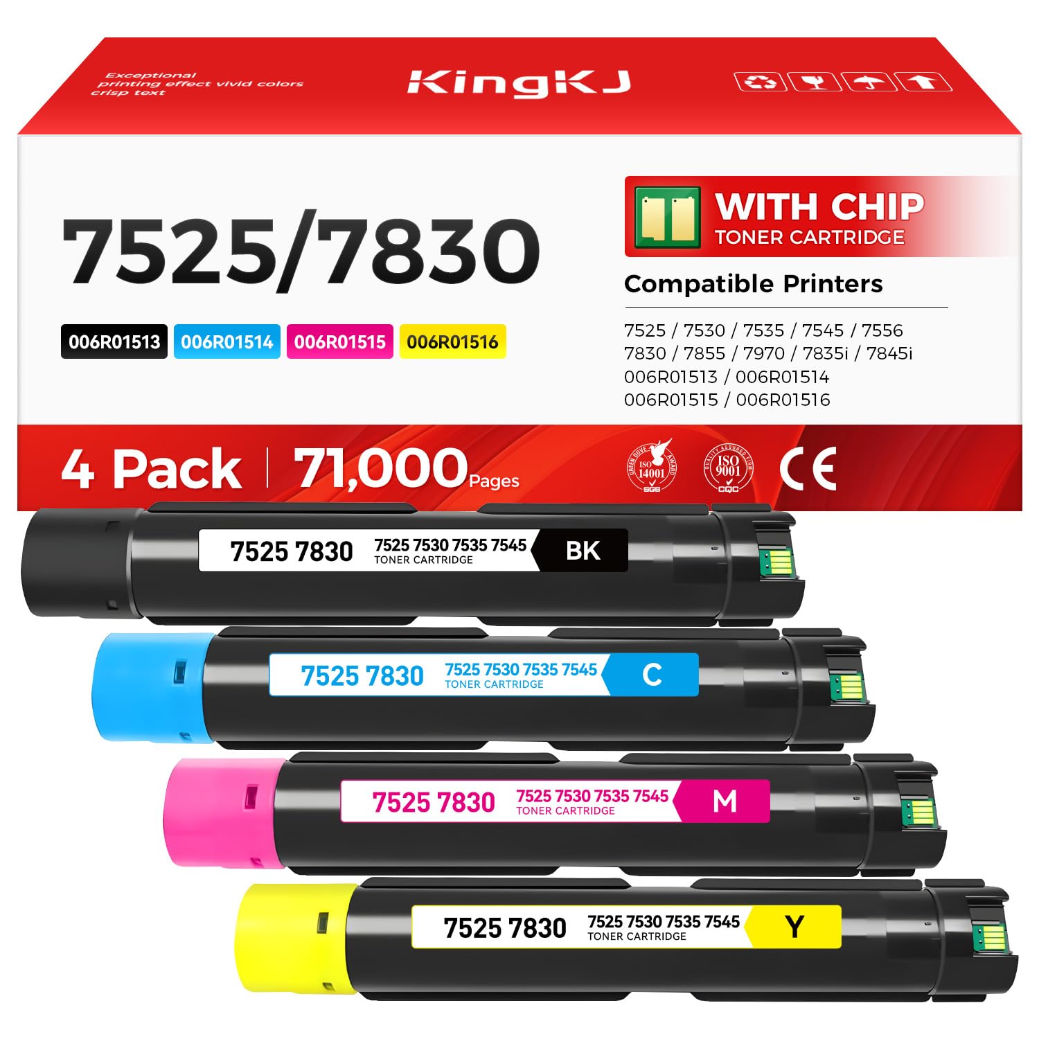 7525 Toner Cartridge Set 4-Pack High-Yield Replacement for Xerox 006R01513 006R01514 006R01515 006R01516 Compatible for Xerox Workcentre 7525 7530