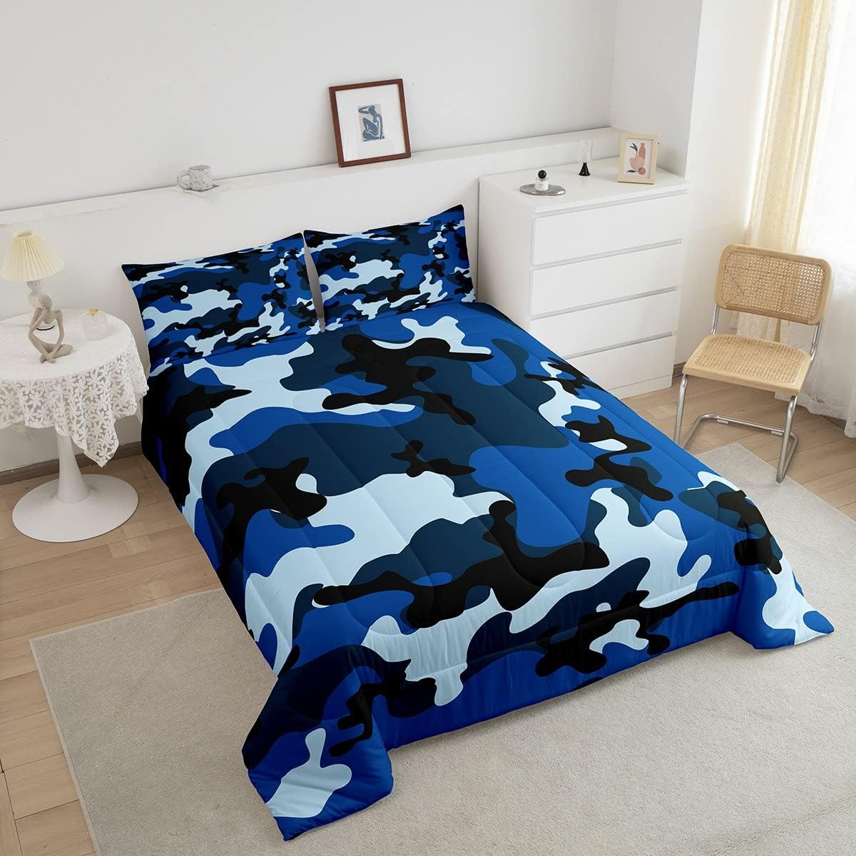 Feelyou Kids Camo Comforter Set Boys Army Camouflage Lightweight Bedding Set Teens Youth Man Colorful Pattern Art Decor Comforter Dark Blue Quilt Set Room Decor 3Pcs Queen Size