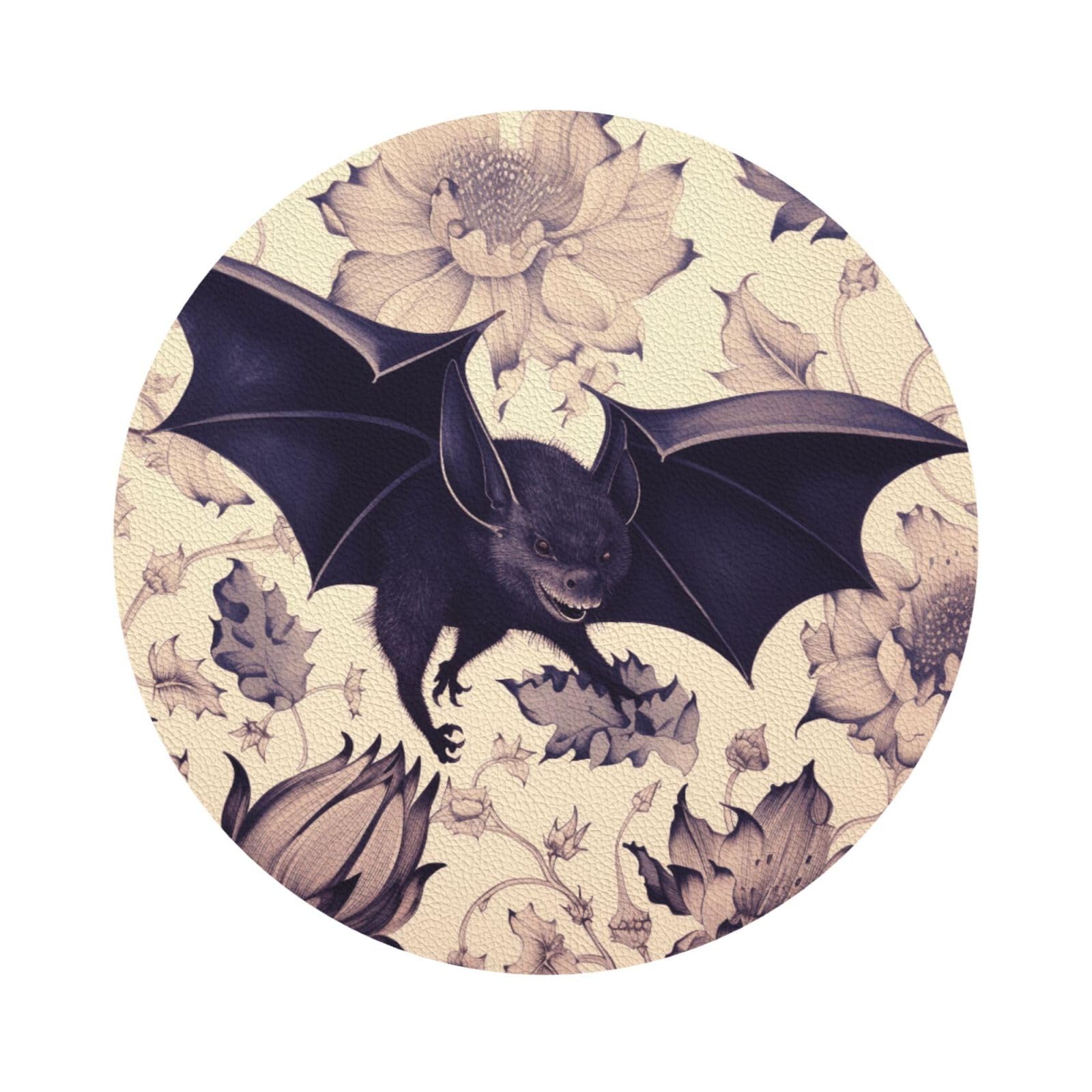 Bat Print Print Leather Coaster Set of 6, Round Shape Coasters Table Decorative Coffee Cup Beverage Coasters Wine Beer Bar Coasters for Hot Drinks Table Protection