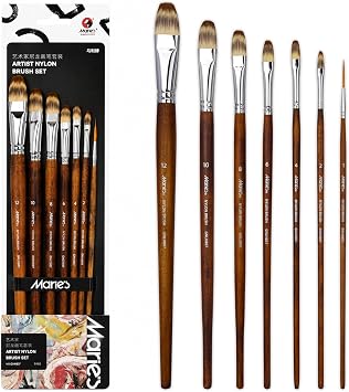 Maries 7 Pcs Artist Paint Brush Set, Synthetic Nylon Brushes with Filbert and Liner Tips, Wood Handle Painting Brushes for Acrylic, Gouache, Oil, Practice and Professional Artwork