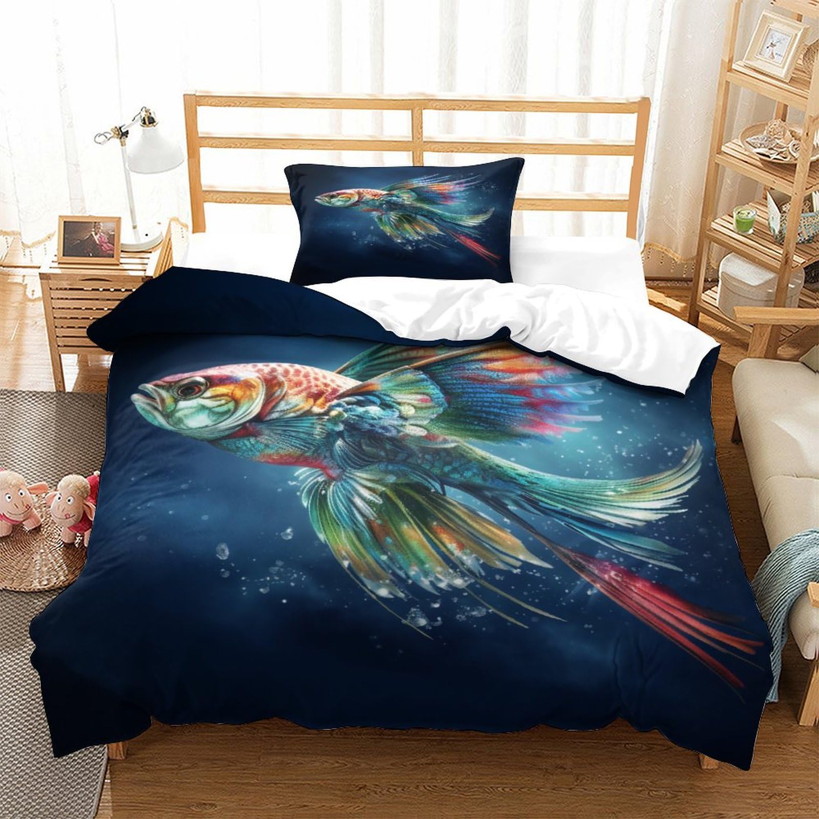 P1S9U7W5Y Artistic Colorful 3D Printed Koi Duvet Cover Set 3pcs Microfiber Fish Bedding Set Single