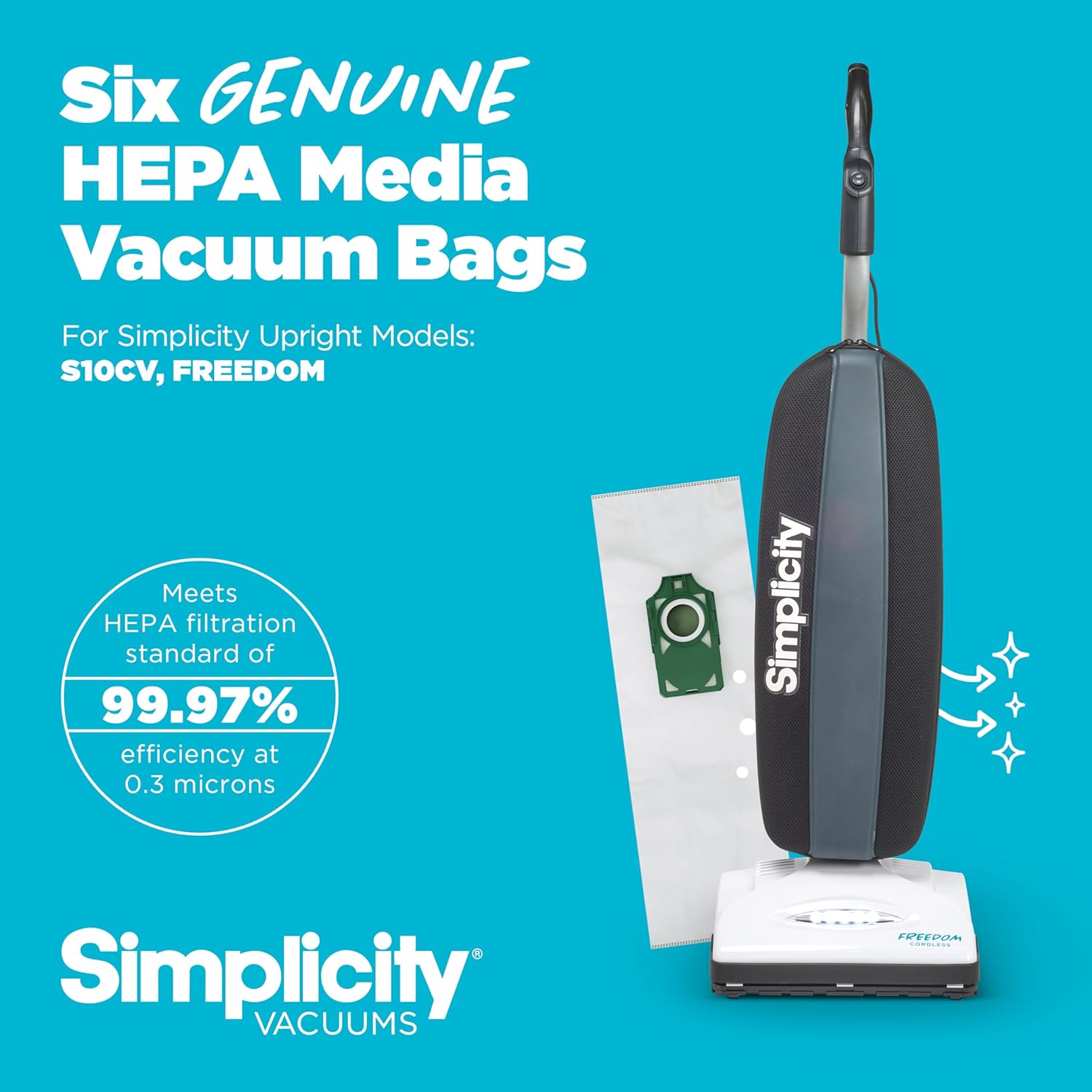 Genuine Simplicity S10 Freedom HEPA Vacuum Cleaner Bags, Odor-Fighting and Charcoal-Infused Vacuum Bags, Six Vacuum Bags for Simplicity Freedom Included