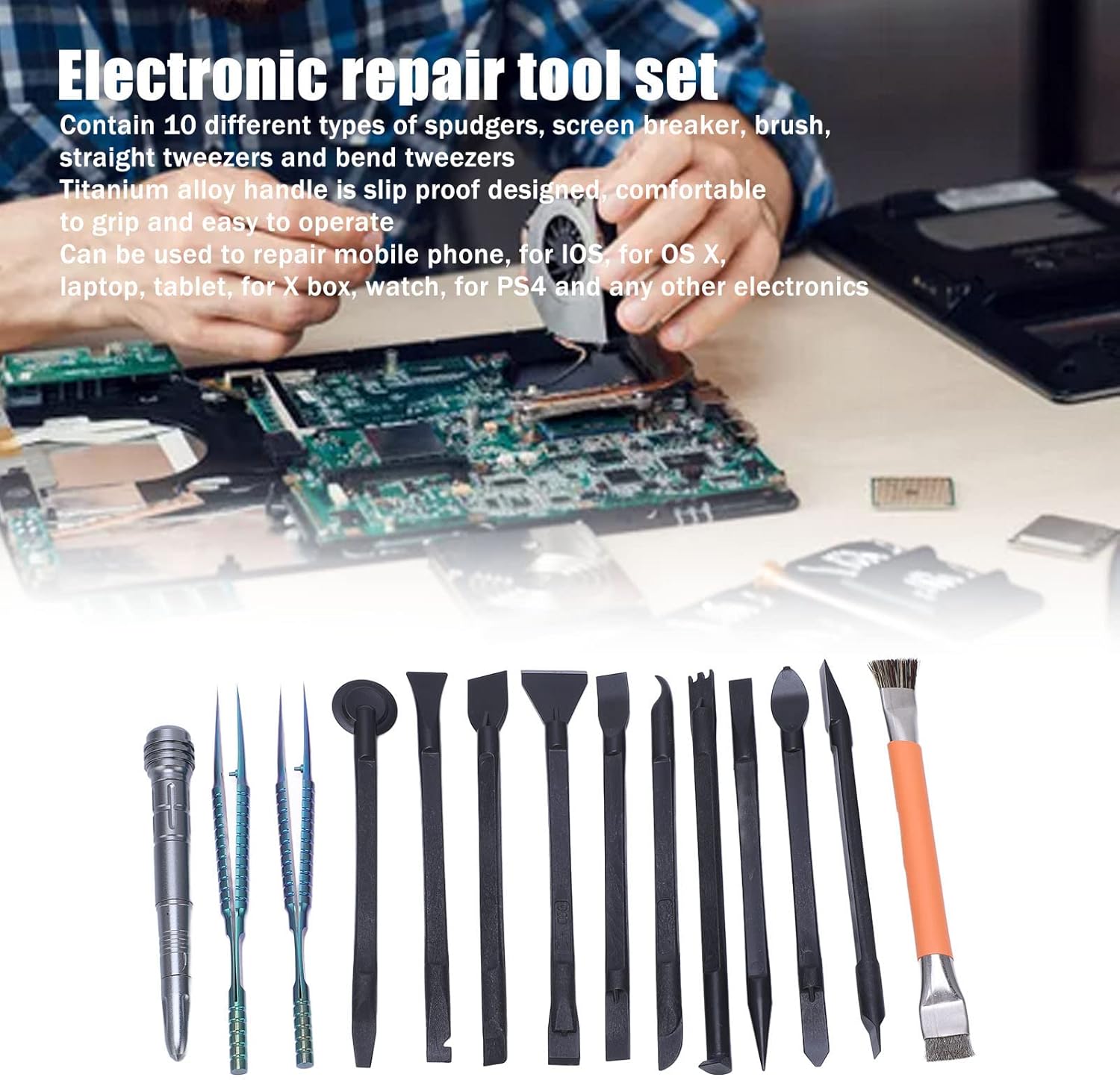14 Piece Electronics Maintenance Tool Set with 10 Spudgers Screen Breaker Brush Straight and Bend Tweezers Compatible with iOS OS X Laptop and Mobile Phone PCB Solder Repair