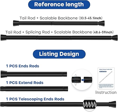 Miniatura 2 de Barra de cortina de ducha ajustable de 33 a 59 pulgadas, barra de cortina de ducha negra, barra de cortina de tensión expansible, barra de cortina