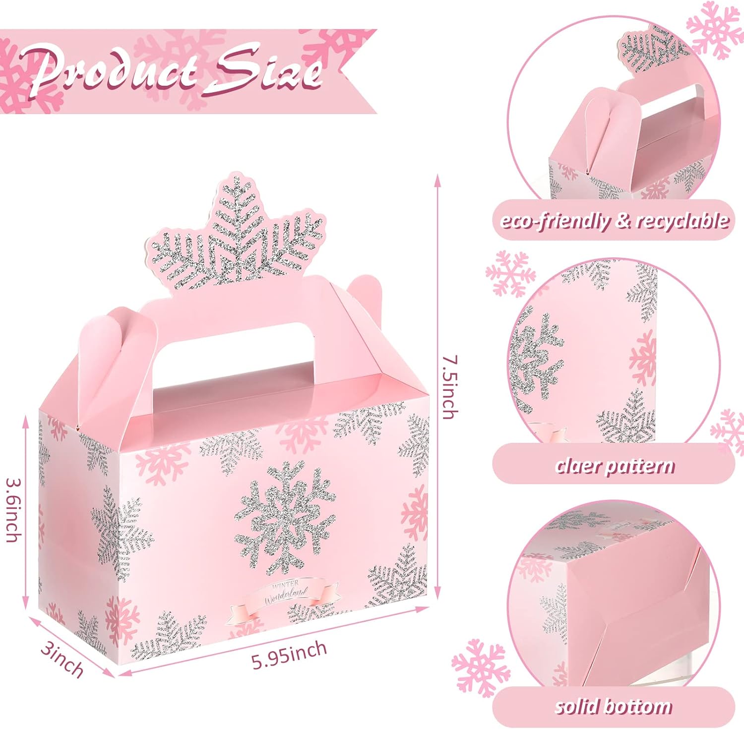 Sinmoe 12 Pcs Winter Wonderland Party Favor Box Birthday Gable Boxes Snowflake Treat Boxes Paper Goodie Gift for Wonderland Birthday Winter Holidays Baby Shower Weddings Decorations(Pink) - Image 2