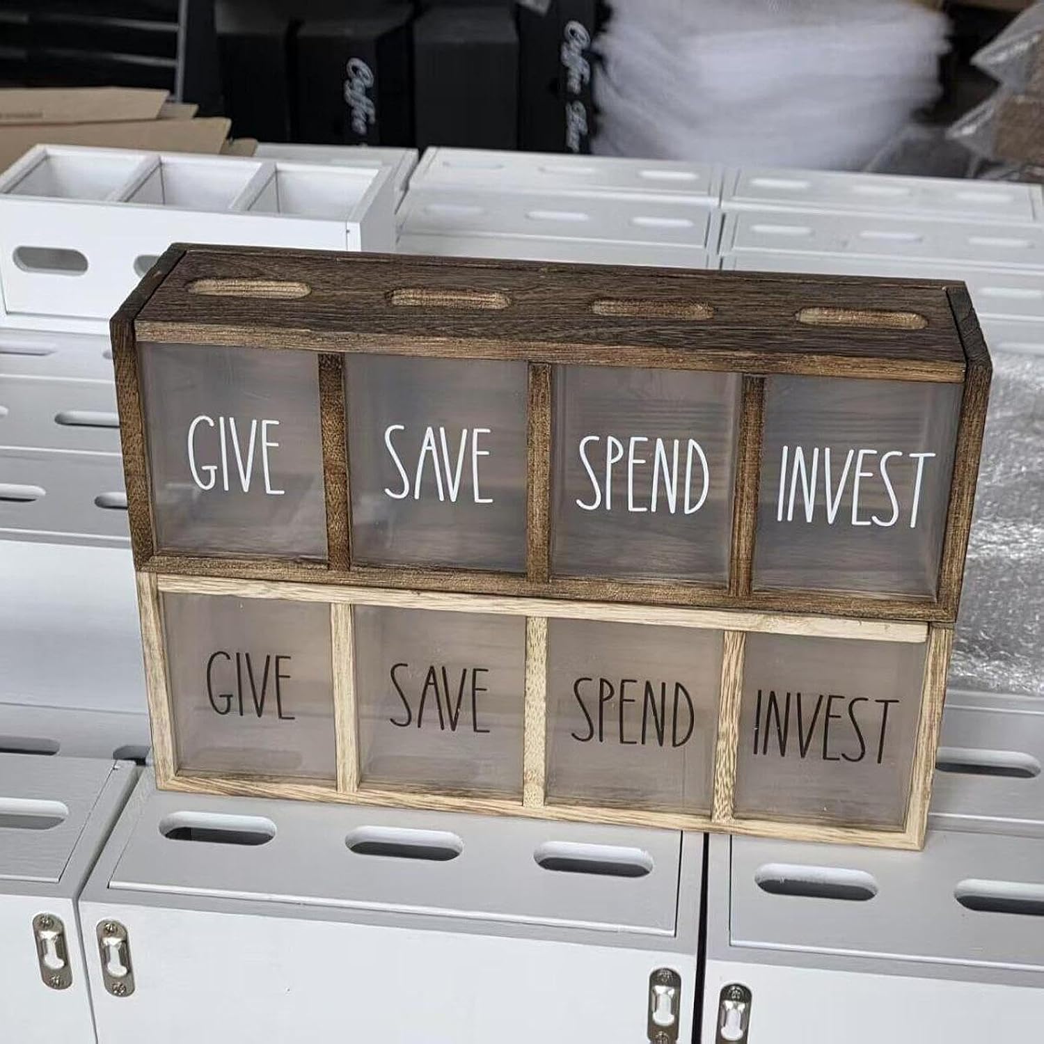 Wooden Give Save Spend and Invest Money Saving Box,Kids Piggy Bank,Rustic,with 4 Compartments Visualized for Laundry Room, Light Brown