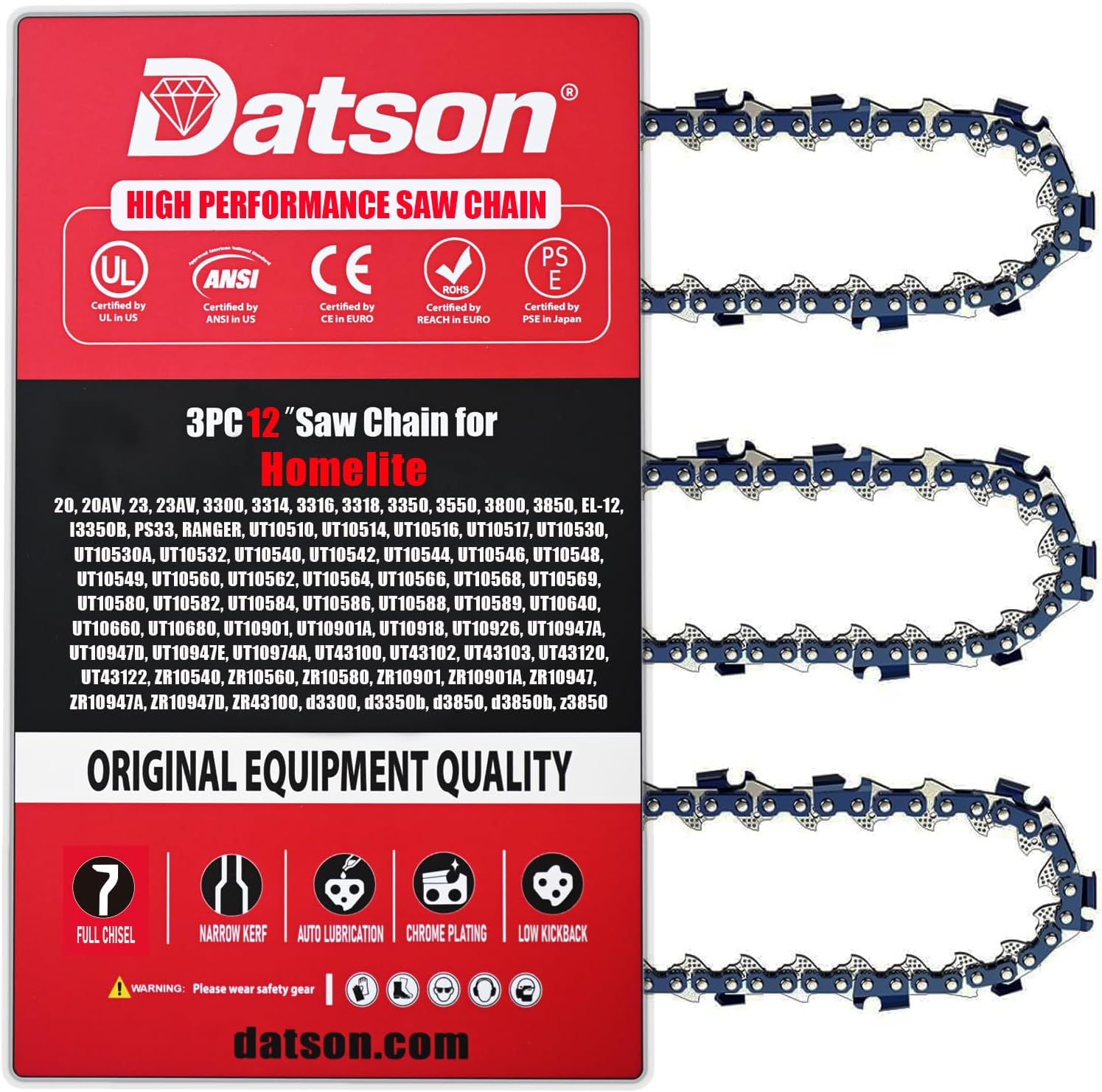 12 Inch Chainsaw Chain Replacement for Homelite 20, 20AV, 3550, 3800,3850,EL-12, I3350B,PS33,RANGER,UT10510,UT10514, UT10516,UT10517,ZR43100,d3850b, z3850 (3 Chains)
