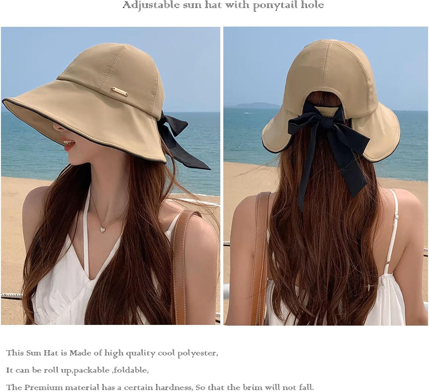 Wide Brim Hats for Woman Foldable Hats Sun Hats for Women uv Protection Bowknot Bucket hat Adjustable hat with Ponytail Hole - Image 3