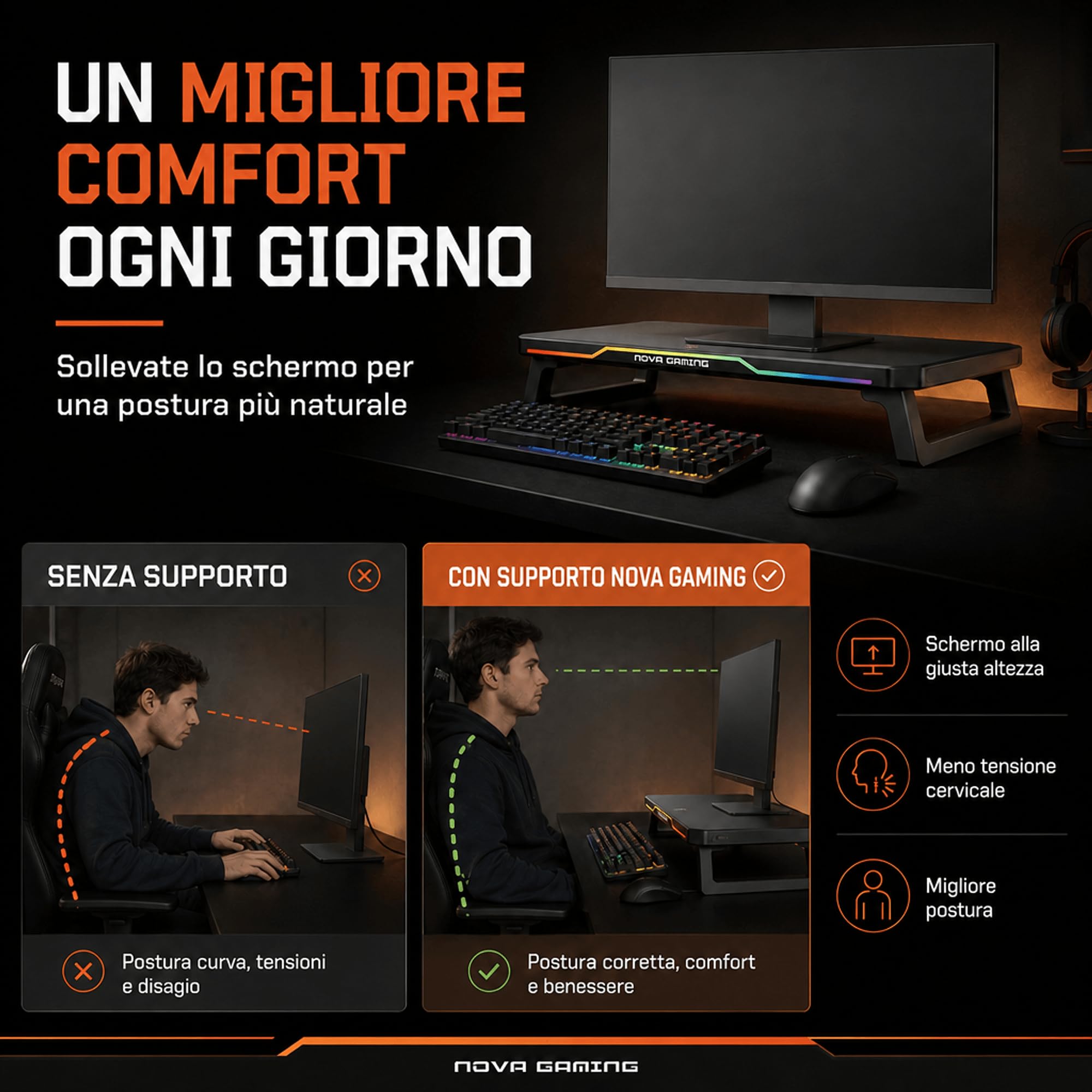 Nova Gaming – CELESTIUM – Rehausseur di Schermo RGB con Hub – Supporta Fino a 25kg – 3 Porte USB, 2 Porte USB-C – LED RGB Personalizzabile – Gaming, Ufficio, Ergonomia Avanzata