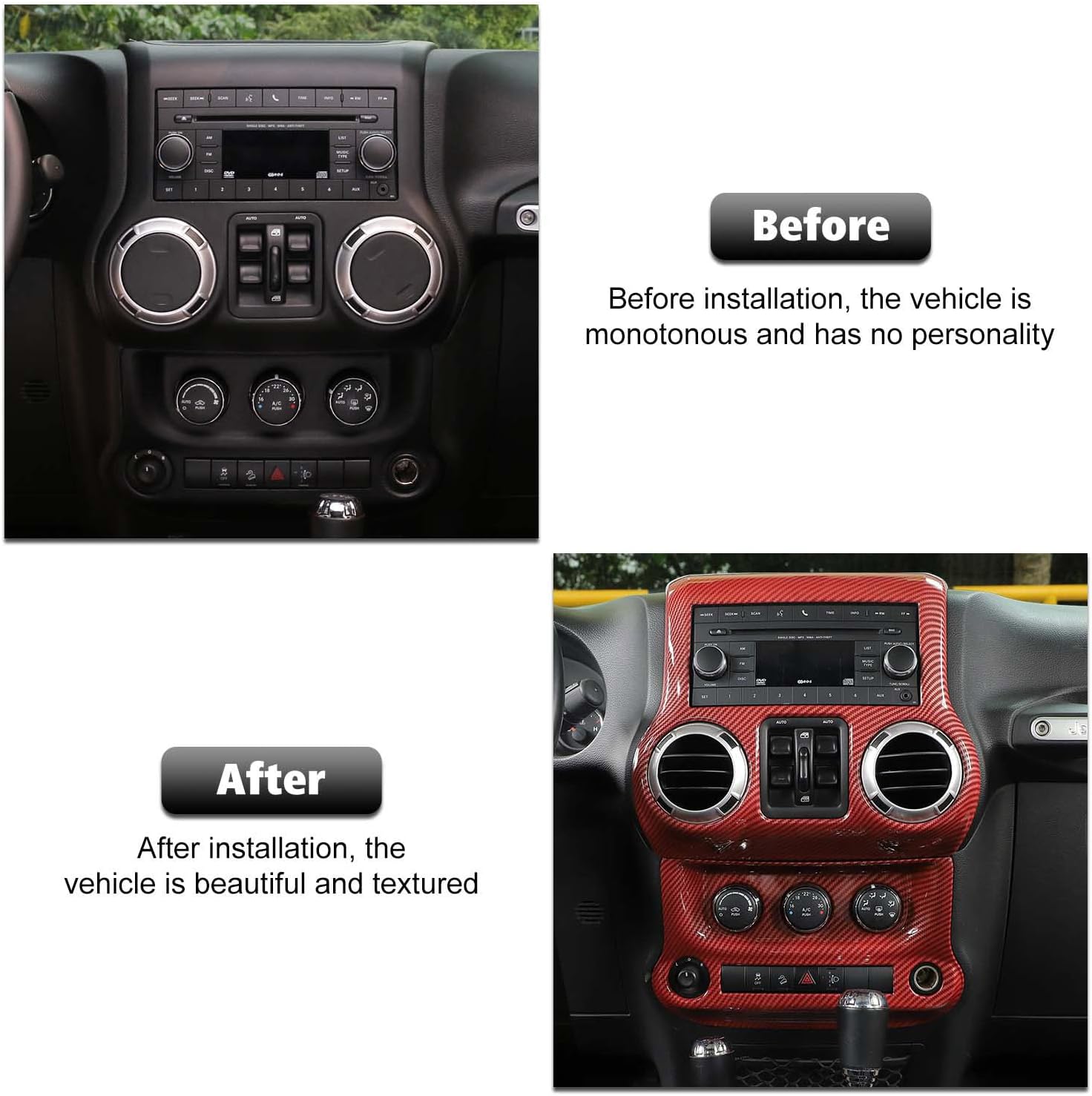 RT-TCZ Center Console Dashboard Panel Cover Trim & Air Conditioning Switch Panel Cover Trim Kit Decoration Interior Accessories for Jeep Wrangler JK JKU 2/4 Door 2011-2017,Red Carbon Fiber