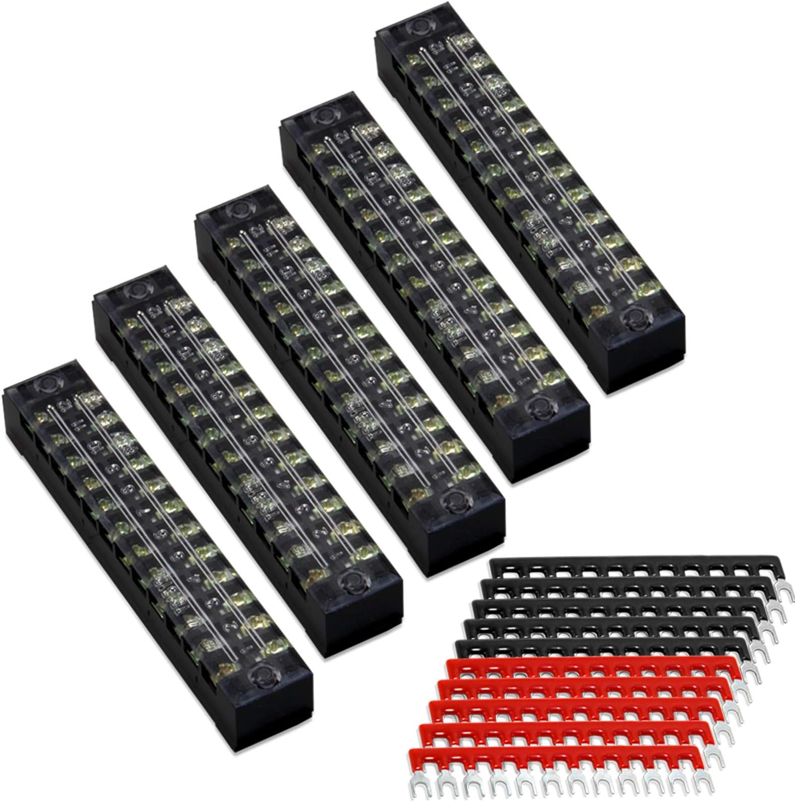 Terminal Block and Strip - 5pcs 12 Positions 600V 15A Dual Row Screw Terminal Blocks with Cover + 10pcs 400V 15A 12 Positions Pre-Insulated Terminal Barrier Jumper Strips Black & Red