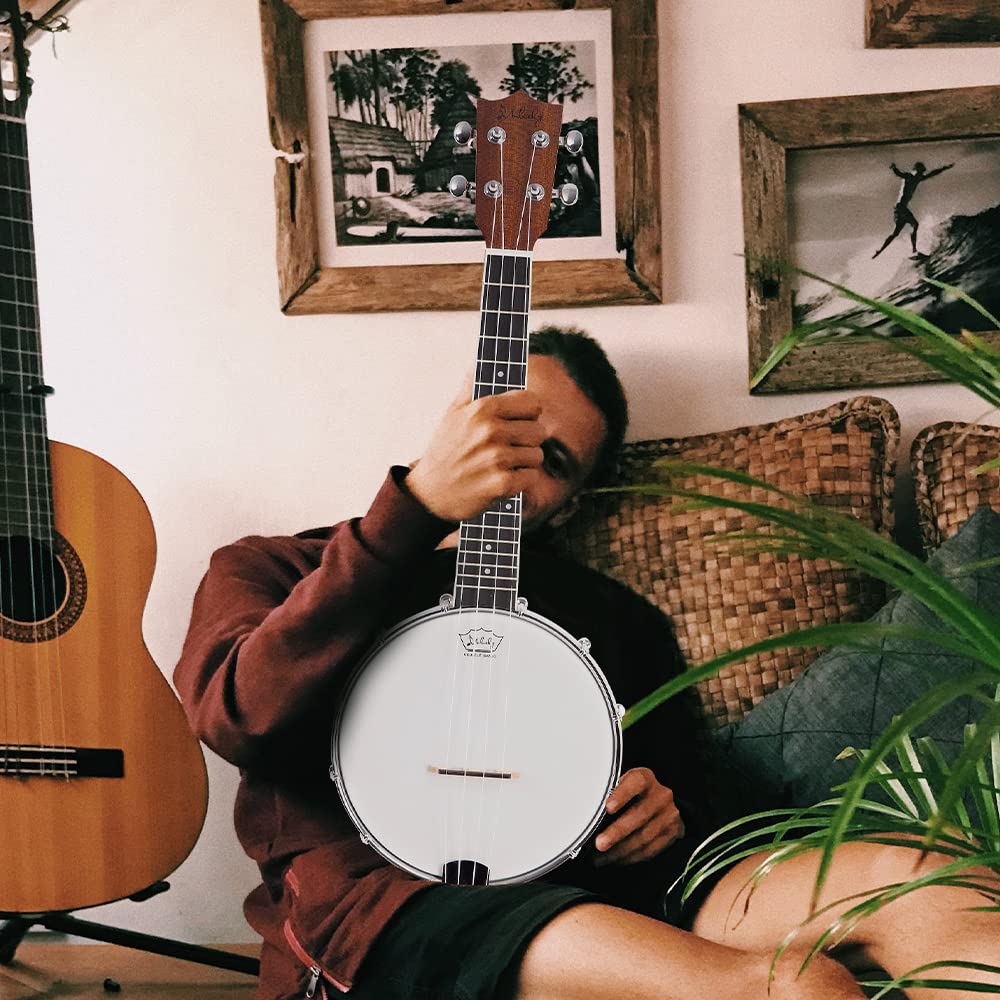 Mulucky 4-String Banjo Ukulele | Banjolele 23" Sapele Wood with Remo Head & Nylon Strings | Dark Brown Travel Kit (Bag, Tuner, Picks) - BU806