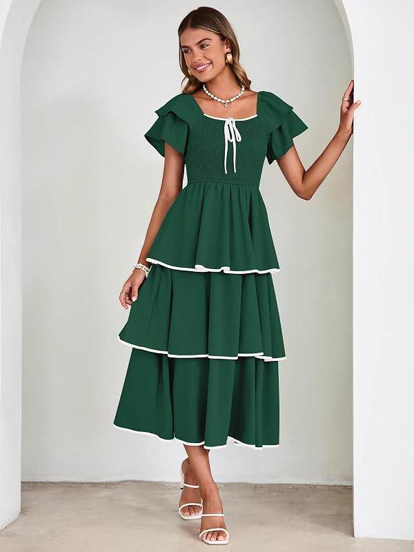 BerryGo Womens Summer Flowy Wedding Guest Maxi Dress Smocked Tiered Boho Casual Short Sleeve Square Neck Ruffle Dresses(Dark Green,Medium) by BerryGo - Used condition - Image 5