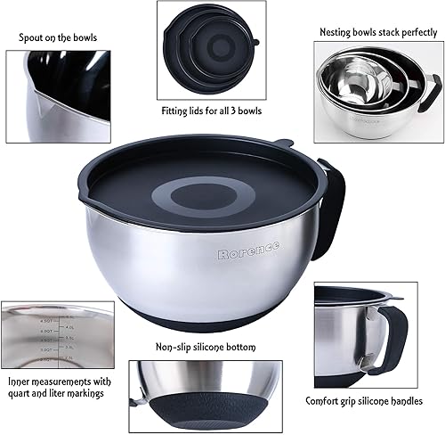 Miniatura 2 de Rorence Juego de cuencos de acero inoxidable cuenco de mezcla de metal con tapas y asas, cuencos de silicona antideslizante para anidar para cocina,