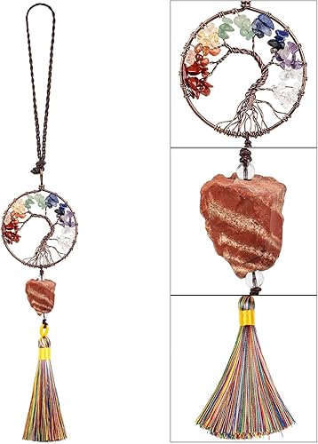 Miniatura 3 de rockcloud Adorno colgante de árbol de la vida de 7 chakras con borla de piedra cruda irregular para pared, automóvil, hogar, boda, jaspe rojo