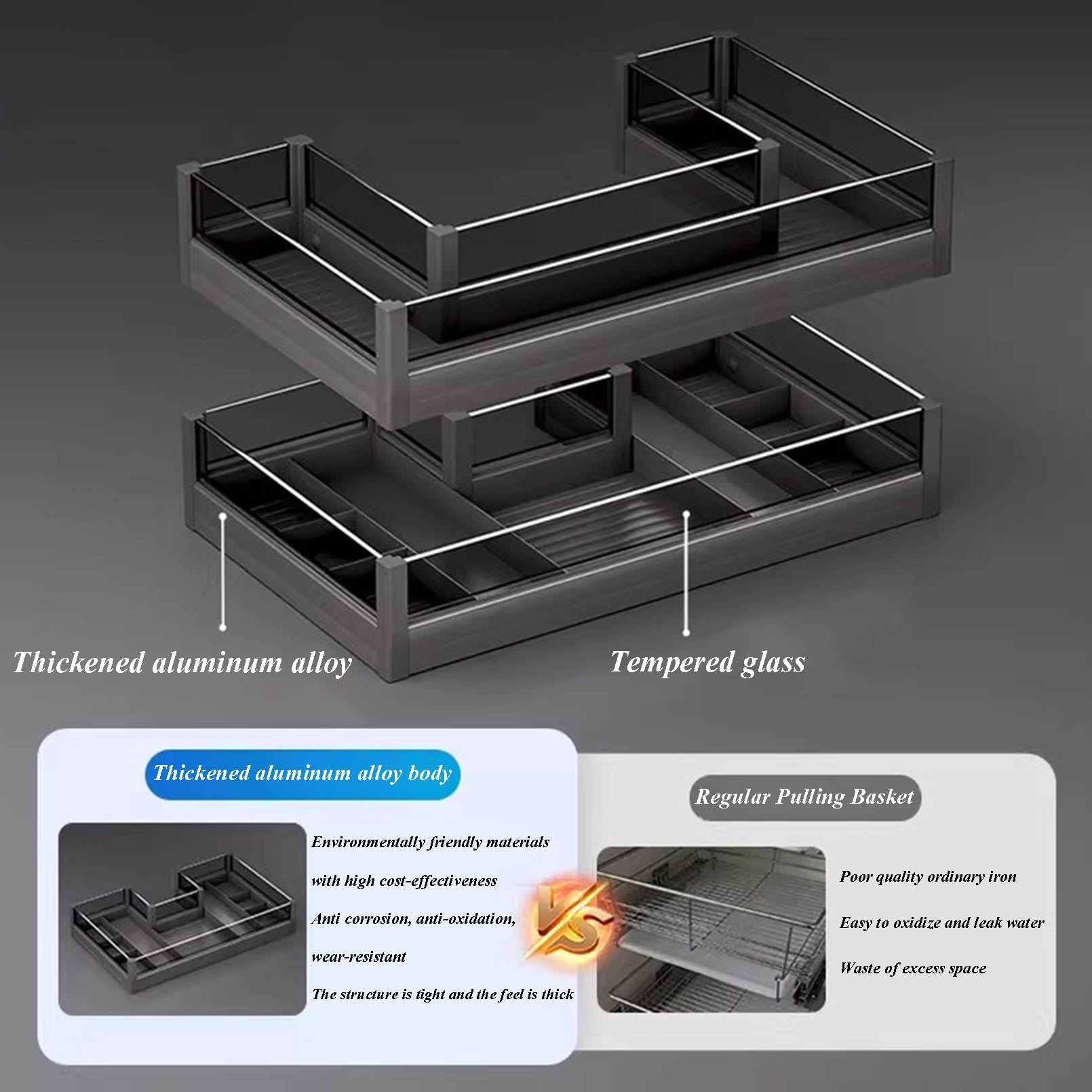 Orgas - Armario de almacenamiento con 2 estantes para debajo del fregadero, de aleación de aluminio, con cristal templado, tipo cajón, 900 mm