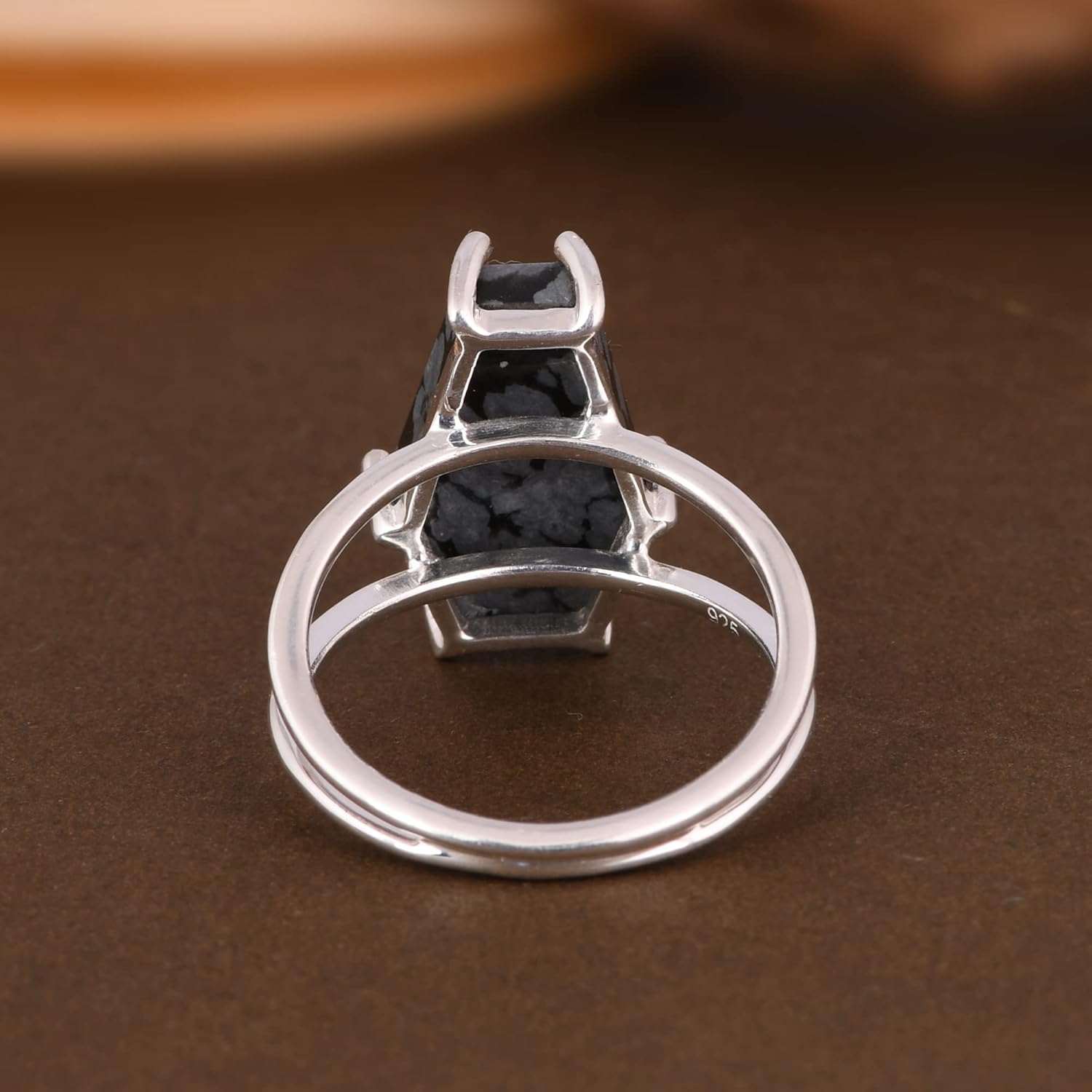 925 Sterling Silver Snowflake Obsidian Flat Cut Coffin 17x10mm Prong Set Gothic Jewelry for Men Women