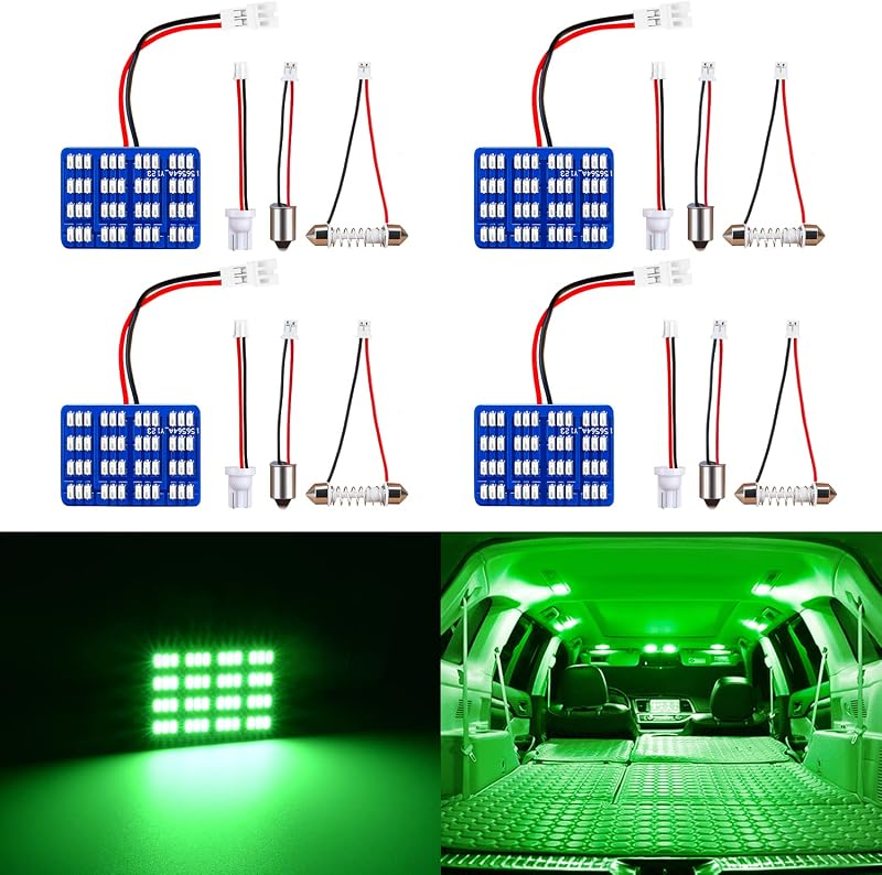 Luzes LED internas automotivas AUXLIGHT 48-SMD verde com adaptadores T10, BA9S e festoon – Kit com 4