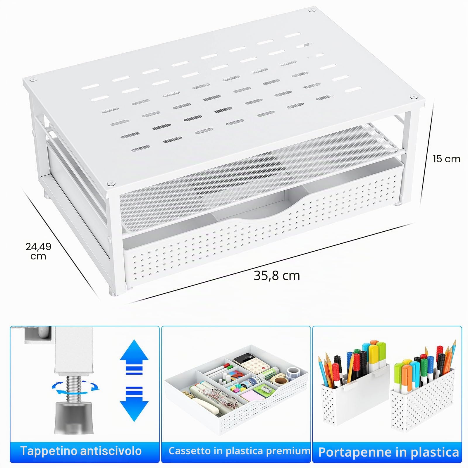 Gianotter Supporto per Monitor 2 Livelli con Cassetto e Portapenne, Organizer da Scrivania Bianco