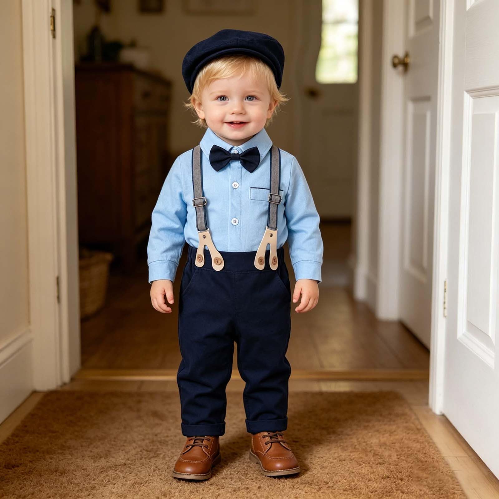 Generisch Set da festa per bambini in stile gentleman, 4 pezzi, con body, pantaloni, bretelle e cappello, abbigliamento elegante per battesimo e matrimonio