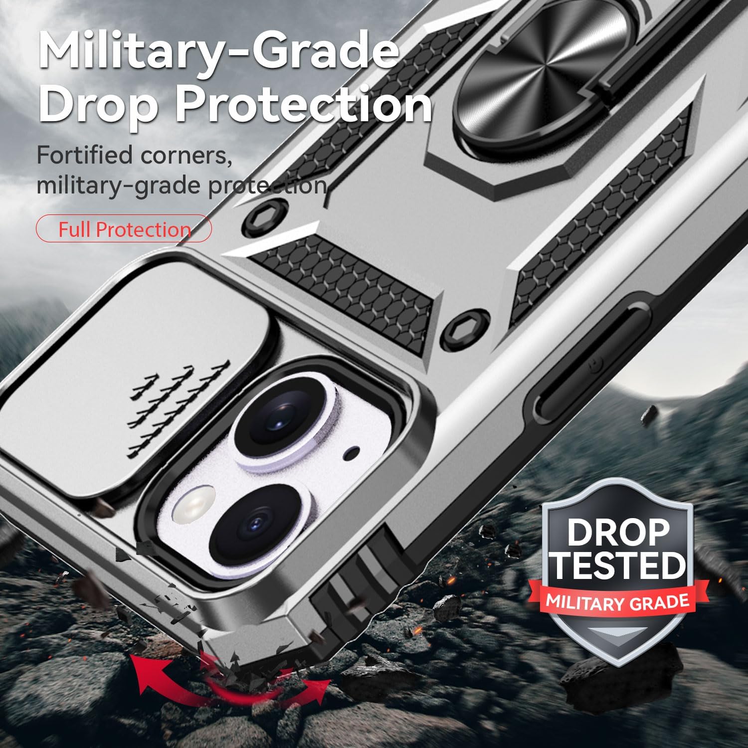 SunStory Compatible with iPhone 14 Plus Case with HD Screen Protector & Slide Camera Cover & Rotated Ring Kickstand, [Military-Grade] Phone Case for iPhone 14 Plus (Silver) - Image 7