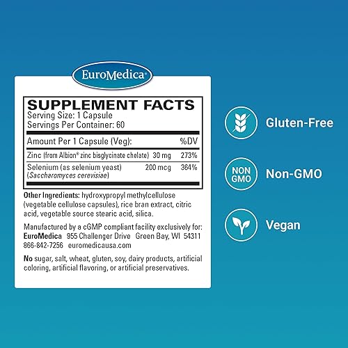 Miniatura 2 de EuroMedica Zinc Plus Selenio - Suplemento de apoyo a la salud inmune y respiratoria - Suplemento mineral con quelato de bisglicinato de zinc -