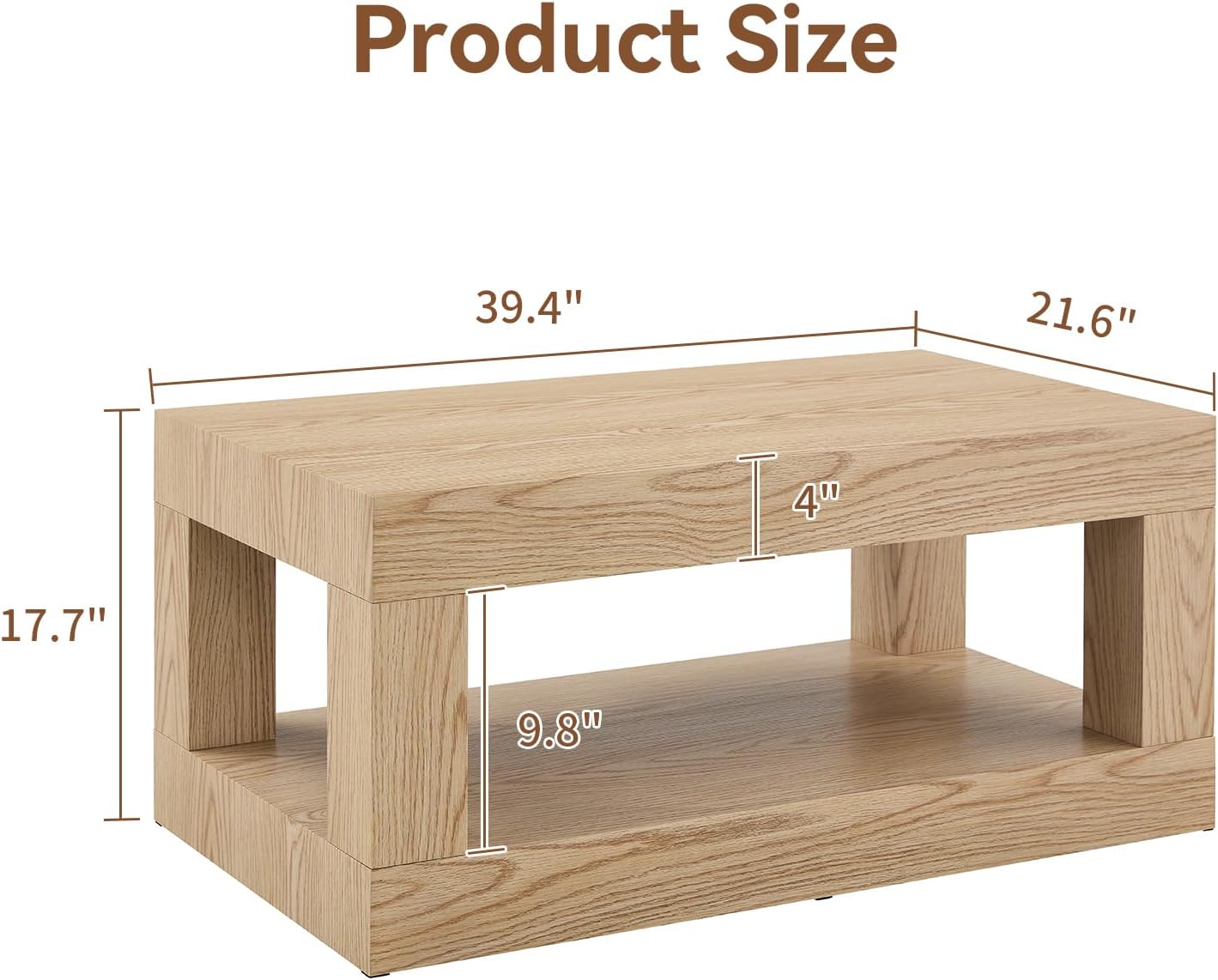 2-Tier Coffee Table with Storage, 39.4" Mid Century Rectangular Center Table, Farmhouse Large Accent Table with Thick Tabletop for Living Room, Office, Apartment (Natural)