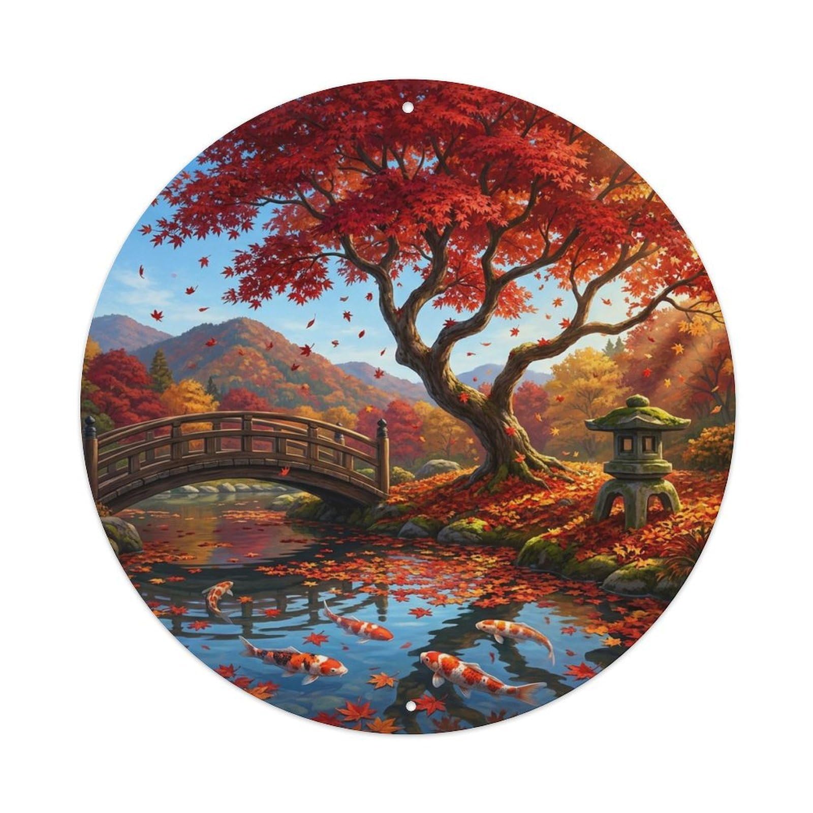 Olyhtr 8X8inch Classic Style Water Reflection Koi Garden Pond Japanese Heritage Metal Tin Sign