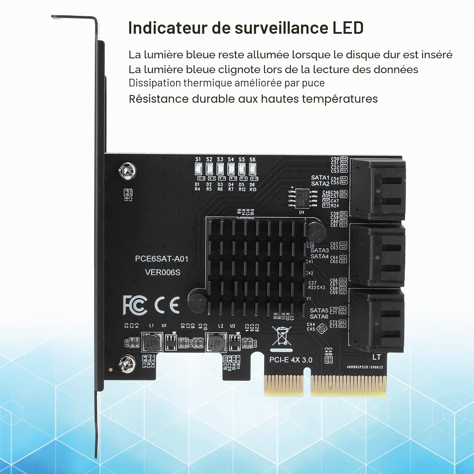 Carte d’Extension PCIe Vers 6 Ports SATA 3.0 6G, Contrôleur ASM1166 PCI-E 3.0 GEN3 4X, Adaptateur Concentrateur SATA Facile à Ranger