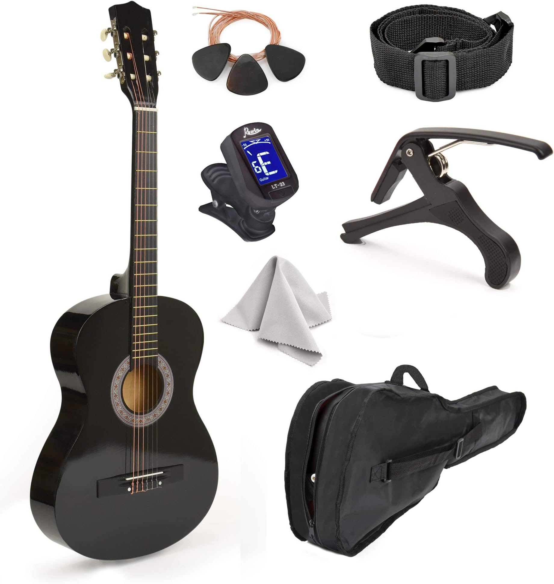 30" Wood Guitar with Case and Accessories for Kids/Girls/Boys/Beginners (Black)