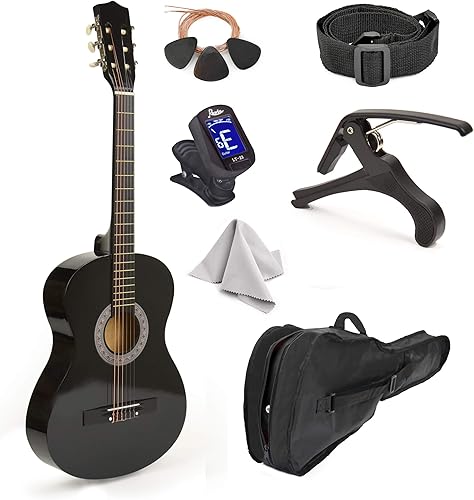 Guitarra de madera de 30 pulgadas con estuche y accesorios para niños, niñas, niños, principiantes (negro)