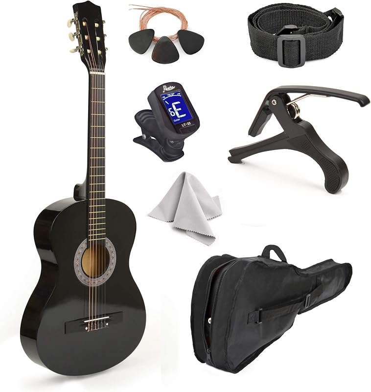 Guitarra de madera de 30" con estuche y accesorios para niños/niñas/niños/principiantes (negro)