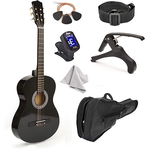 30" Wood Guitar with Case and Accessories for Kids/Girls/Boys/Beginners (Black)