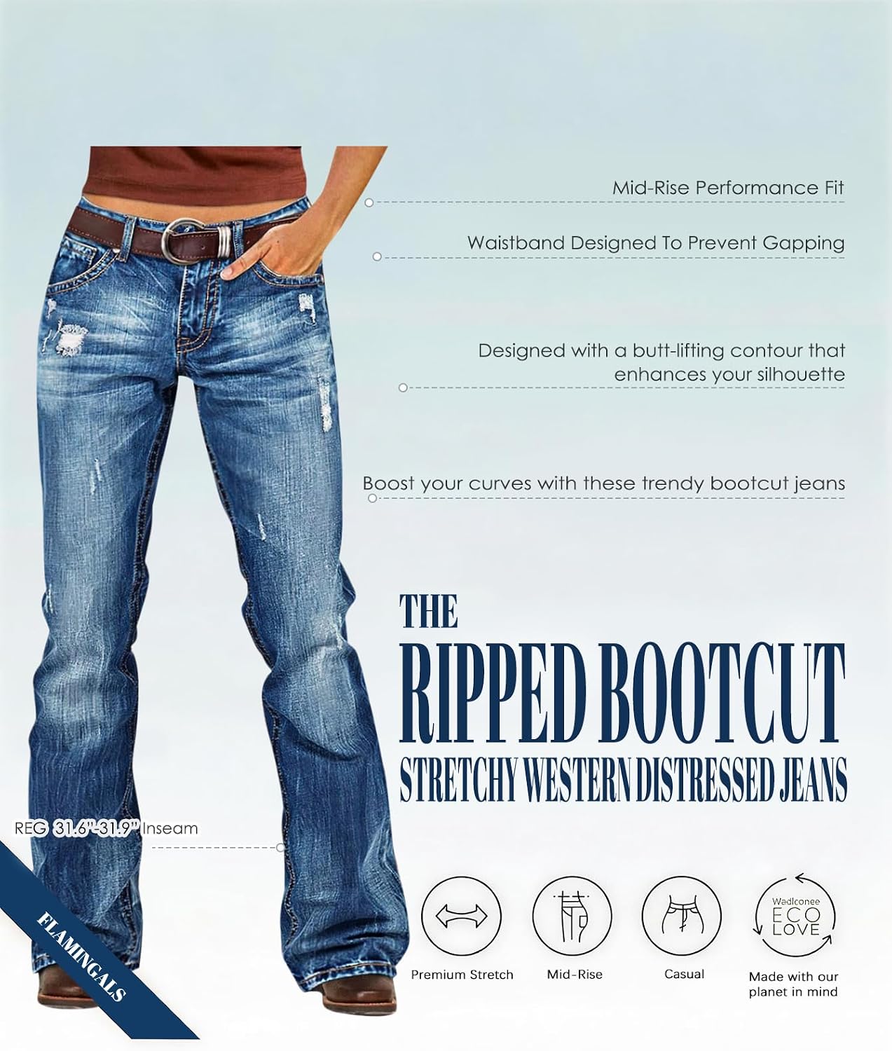 Flamingals Mid Rise Ripped Bootcut Jeans for Women image 4