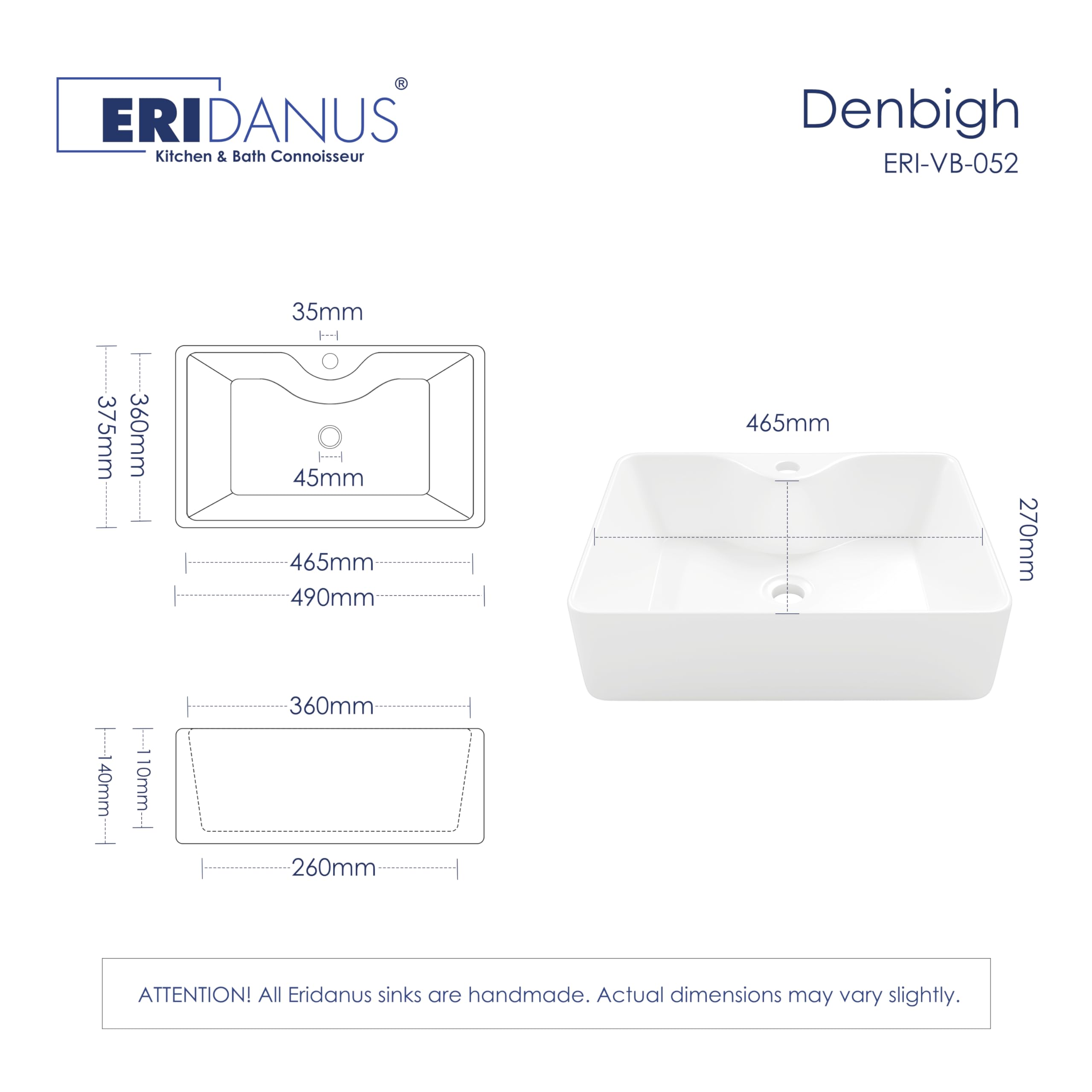 Eridanus Lavabo Rettangolare da Appoggio in Ceramica - Con Foro per Rubinetto, per Guardaroba, Bagno, Mobile - Vitreous China, Bianco Lucido - 490 x 370 x 140 mm