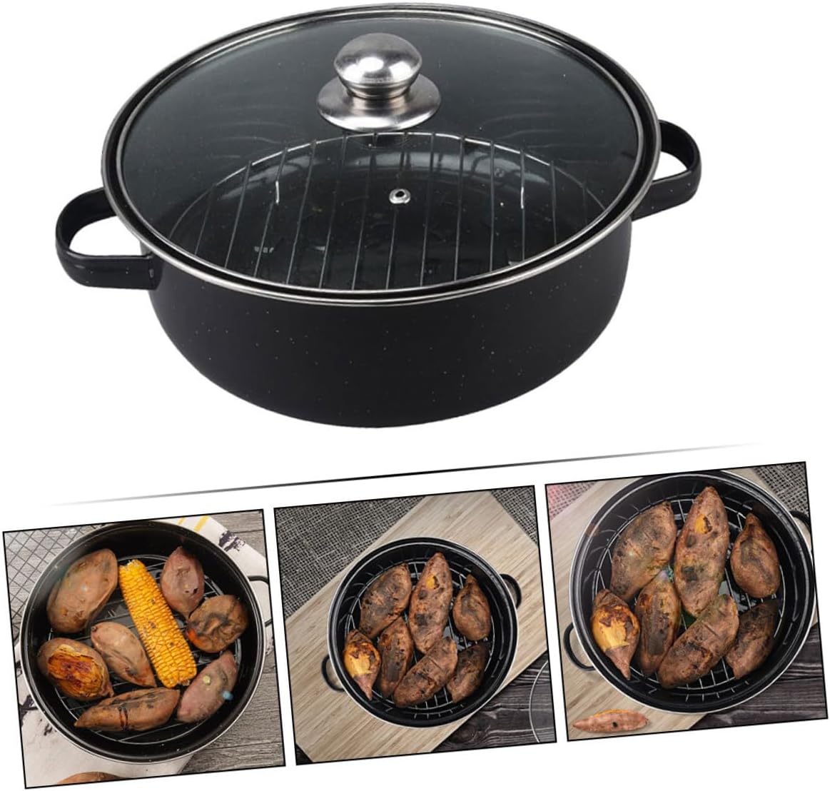 Generic Enameled Roasting Pot with Glass Lid for Oven Use Wear-resistant Bottom Cooking Supply for Roasting Sweet Potatoes Chicken Wings Corn and Vegetables Household Kitchen Roaster