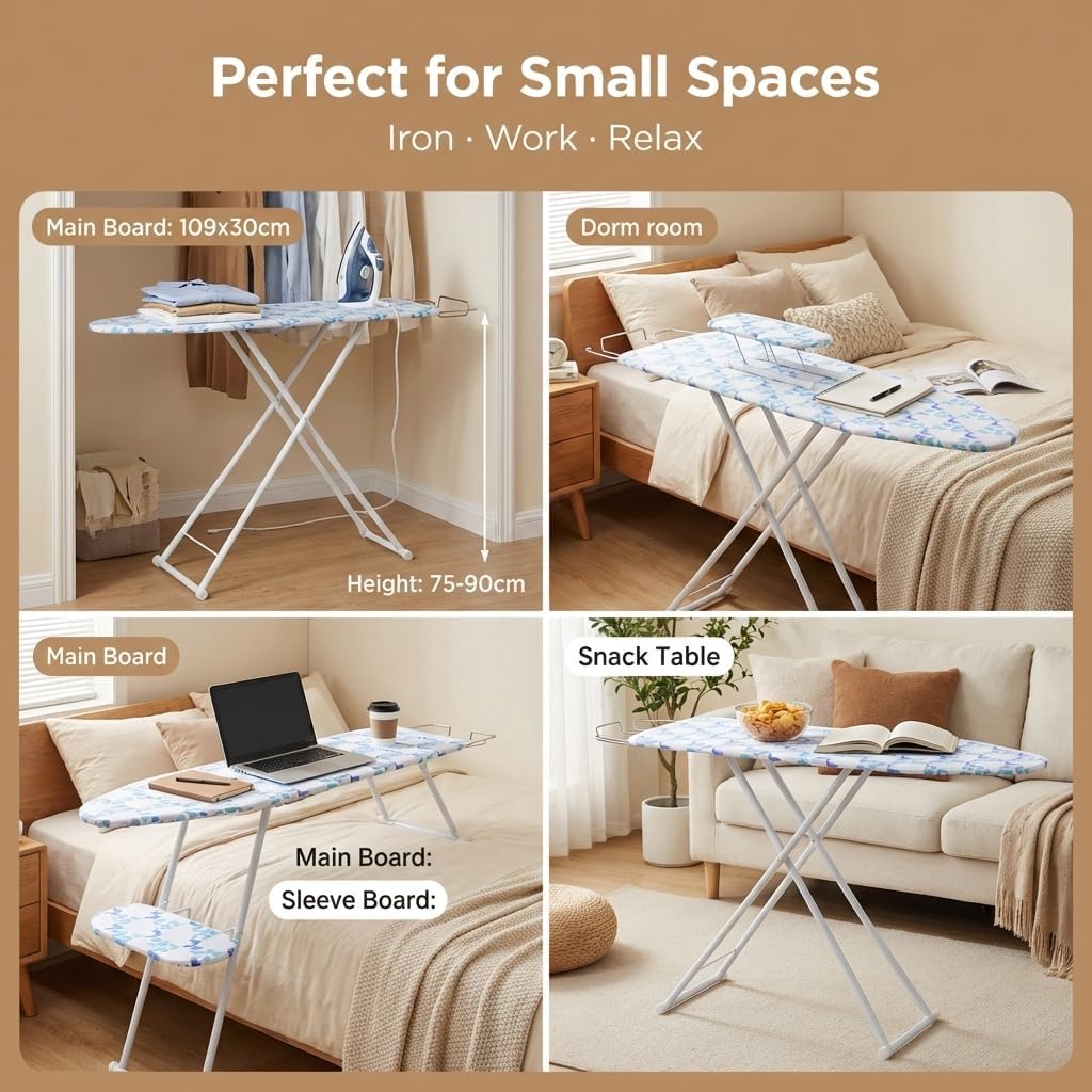 43" x 13" Ironing Board Height Adjustable Iron Board, Heavy Duty Itoning Board with Iron Rest & Heat Resistant Cover, Foldable Ironing Stand