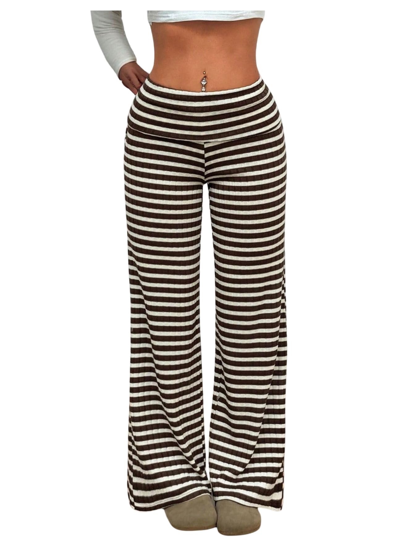 SHENHE Womens Striped Wide Leg Knit Pants Wide Leg Fold Over Low Rise Comfy Lounge Casual Pants