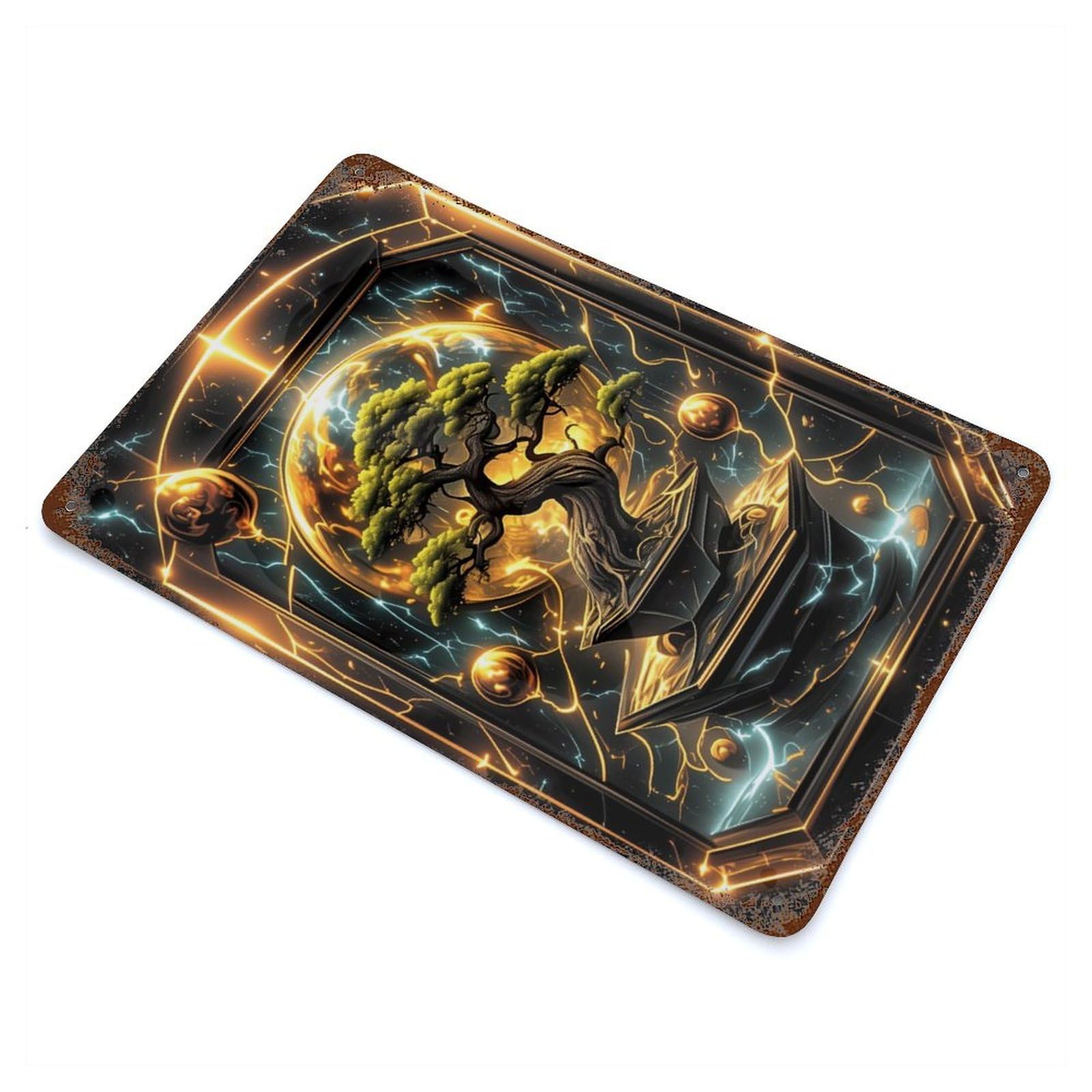 Golden Kintsugi Bonsai Decorative Tin Sign 11.8"x7.9", for Cafe, Home Bar And Lounge Decor, Decorative Metal Wall Art