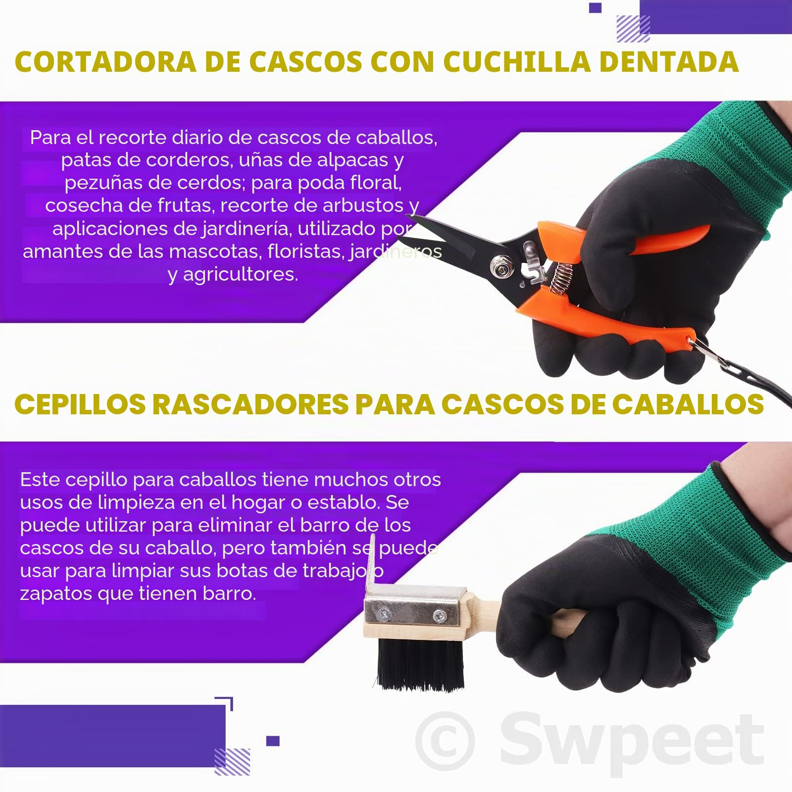 Swpeet 8 piezas de herramientas de herrador profesional con paquete de rollo, herramientas de tijeras de recortador de pezuña, cortador de pezuña, cepillo de herradura, cuchillo de pezuña