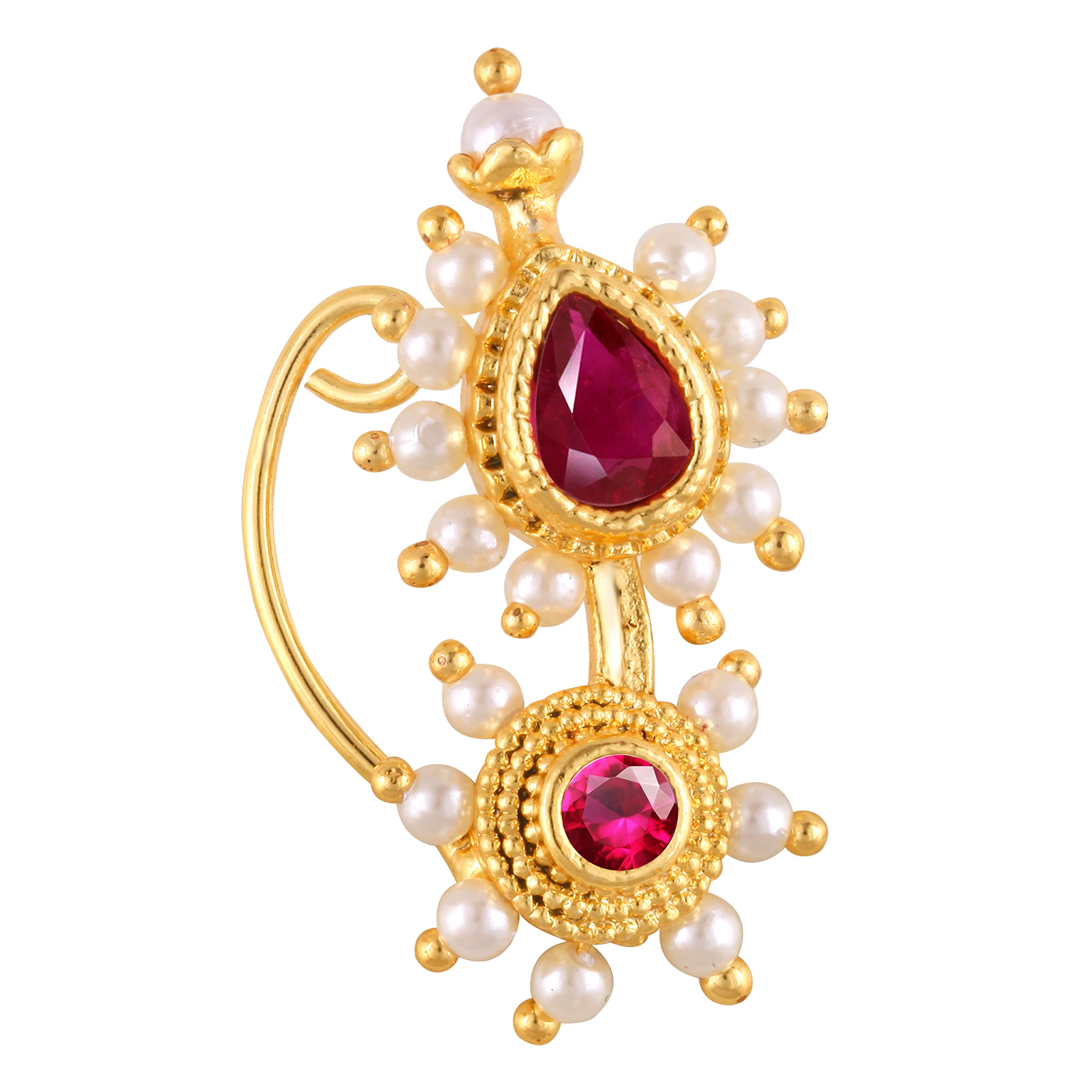 Gold Plated Pearl Alloy CZ Red Stone Non Piercing Maharashtrian Nath Nose Pin Valentine Day Gift-image-18