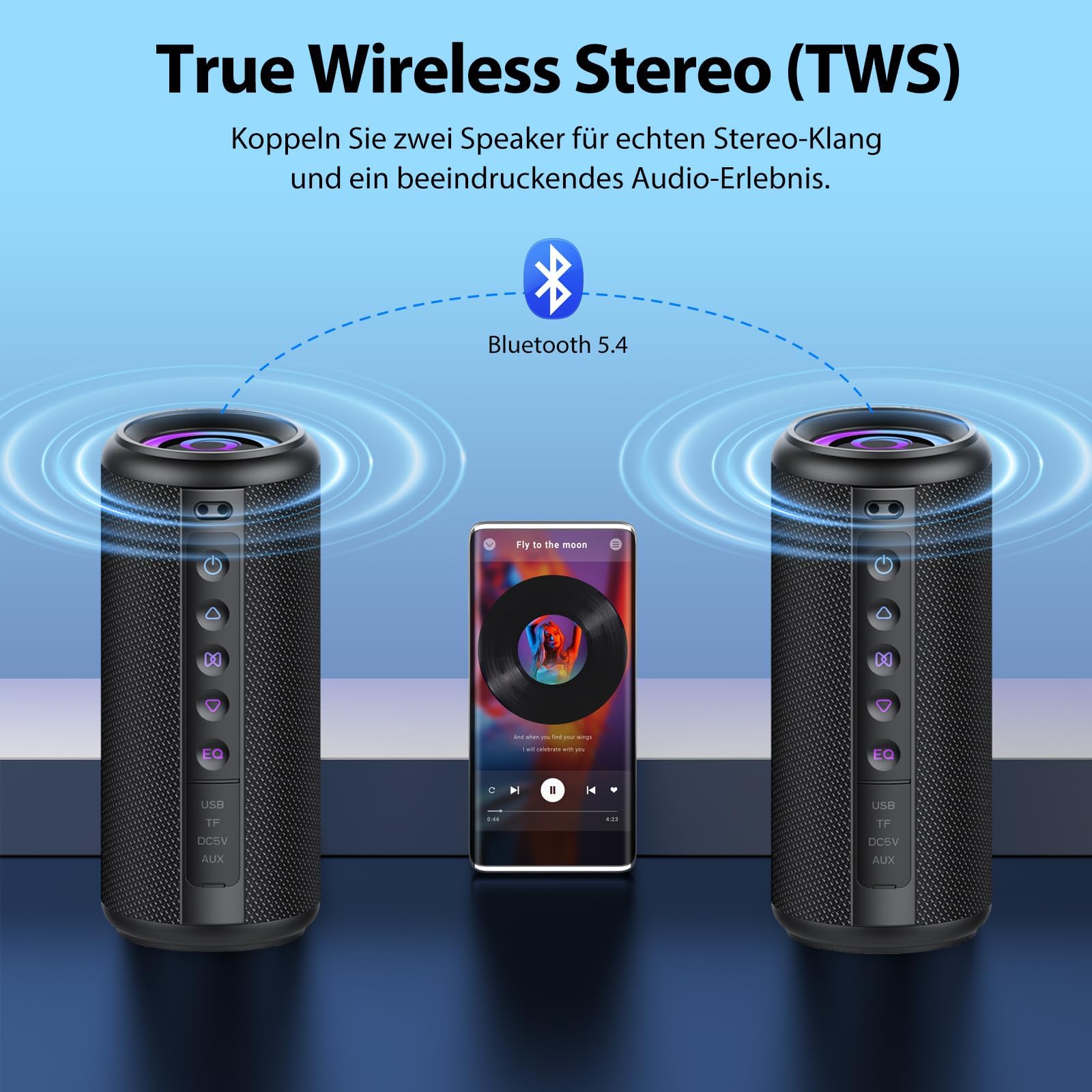Bluetooth Lautsprecher, 2026 Musikbox Bluetooth 5.4 mit RGB Licht, Tragbare Bluetooth Box, Freisprechfunktion, IPX7 wasserdicht, kraftvoller Sound für Outdoor, Garten und Reisen
