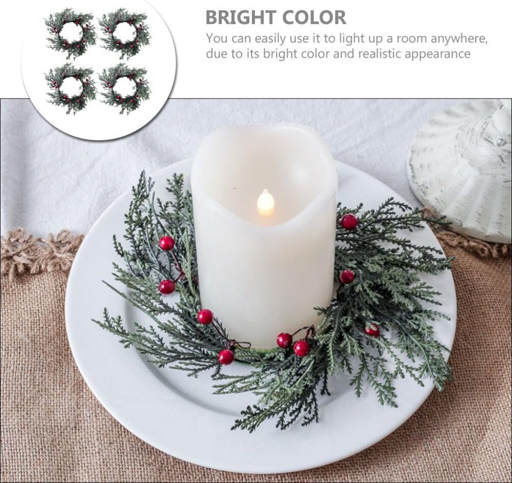 ABOOFAN 4pcs Christmas Candle Rings Wreath Holly Leaves Red Berry Wreath Candle Holder Mini Wreaths for Pillar Kitchen Cabinet Christmas Window Home Table Centerpiece